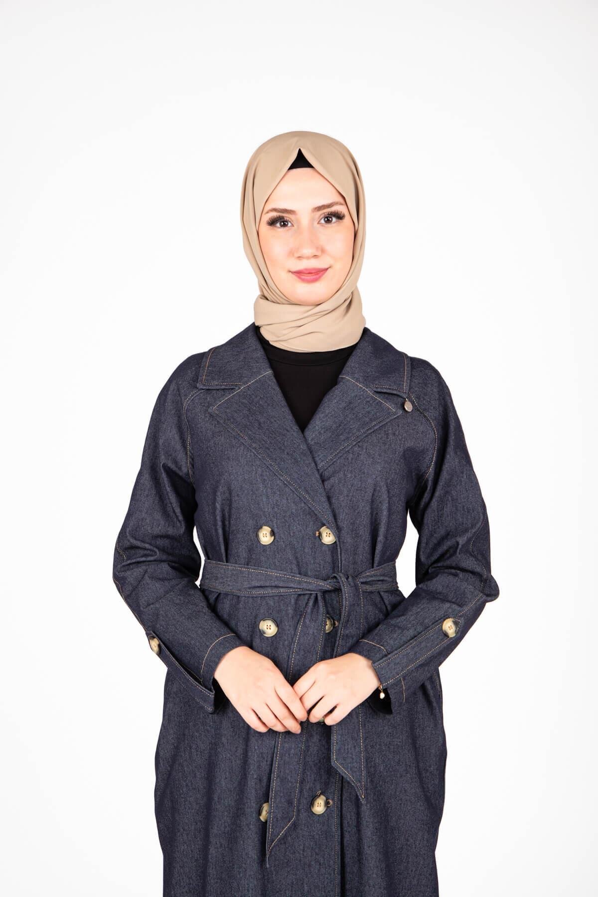 Lacivert Denim Kuşaklı Trençkot - Beyza