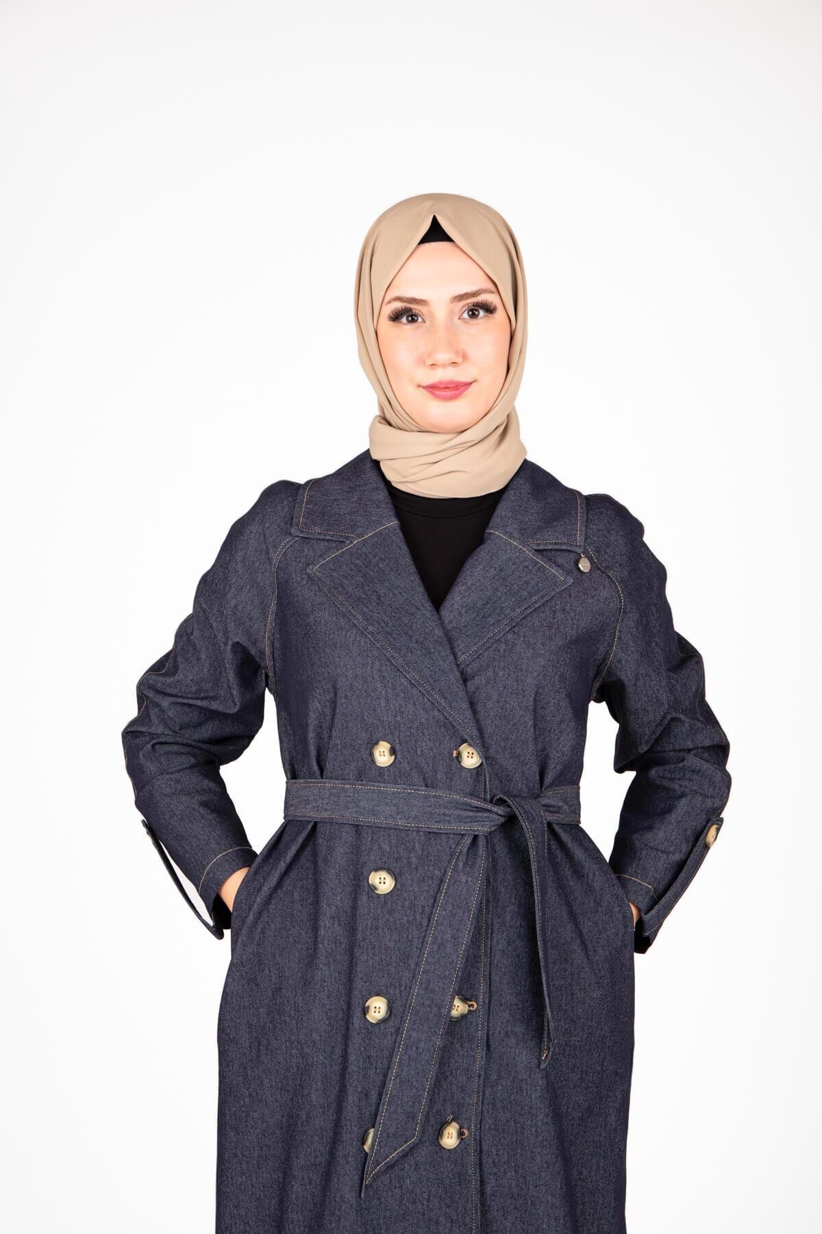Lacivert Denim Kuşaklı Trençkot - Beyza