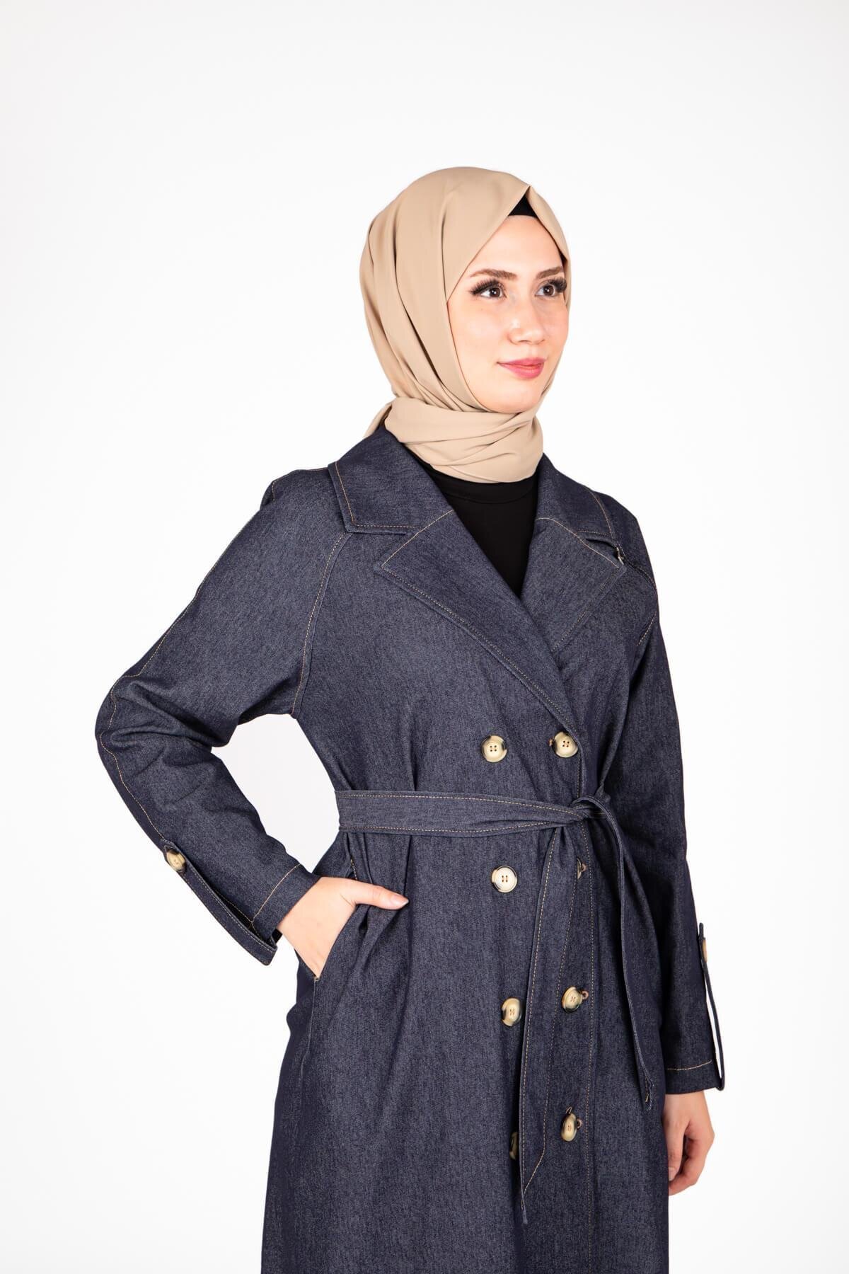 Lacivert Denim Kuşaklı Trençkot - Beyza