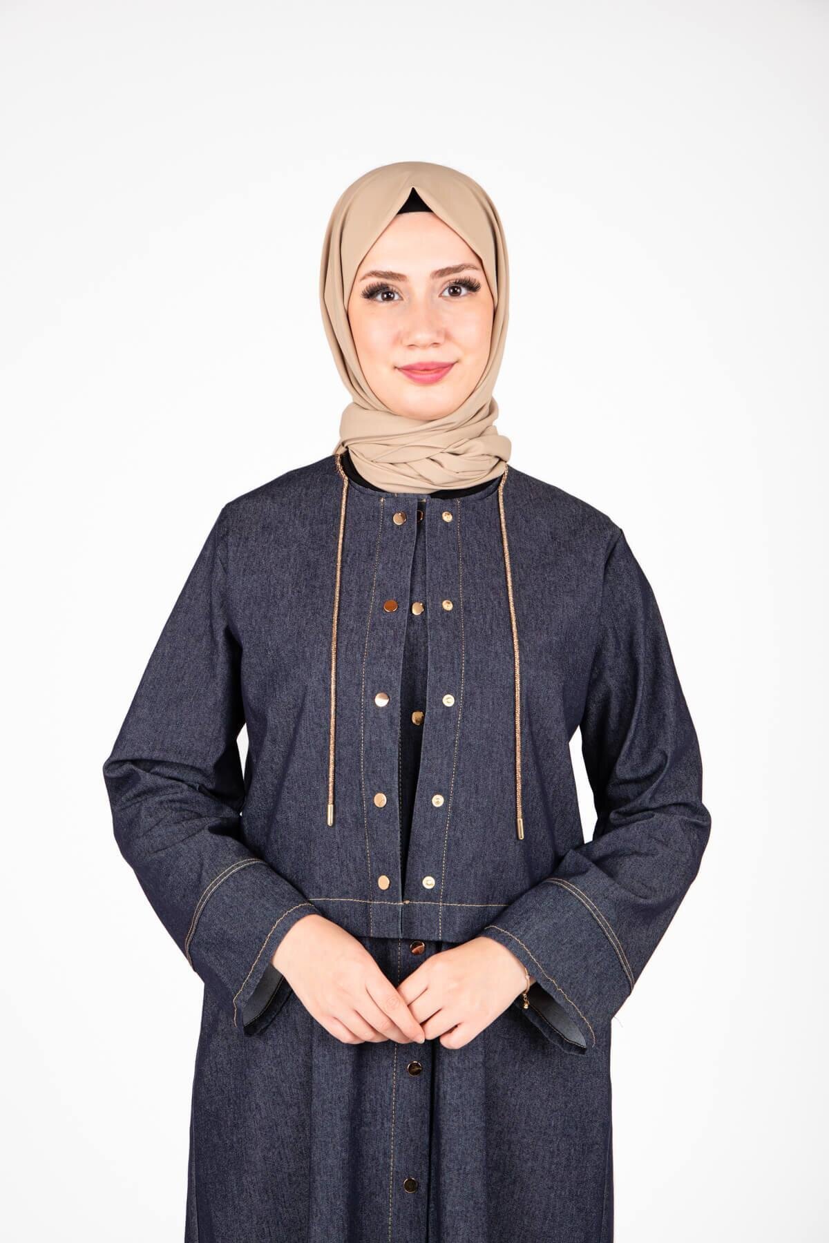فستان محتشم كحلي من الجينز مع سترة - Beyza