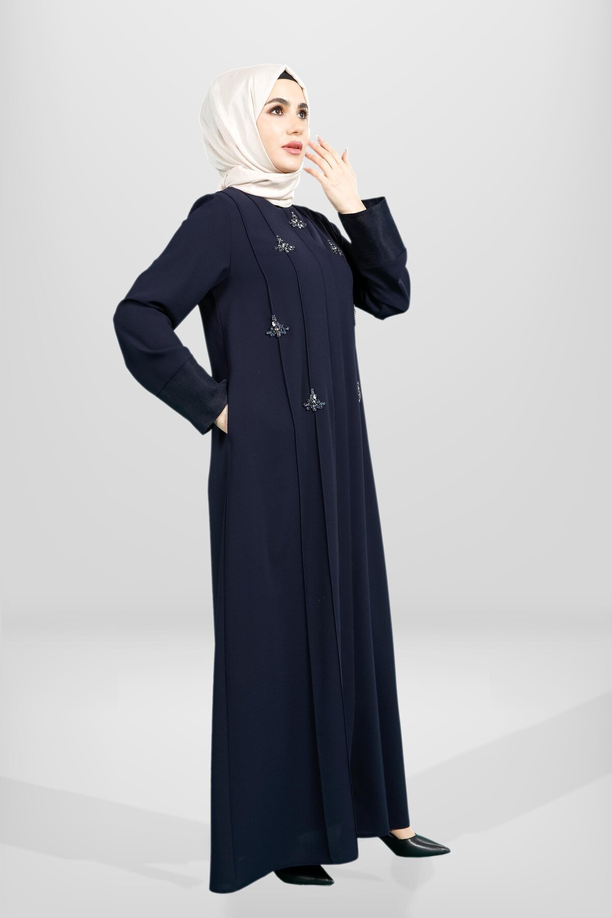 Zippered Stone-Embellished Side-Pocket Abaya - Navy Blue - Beyza