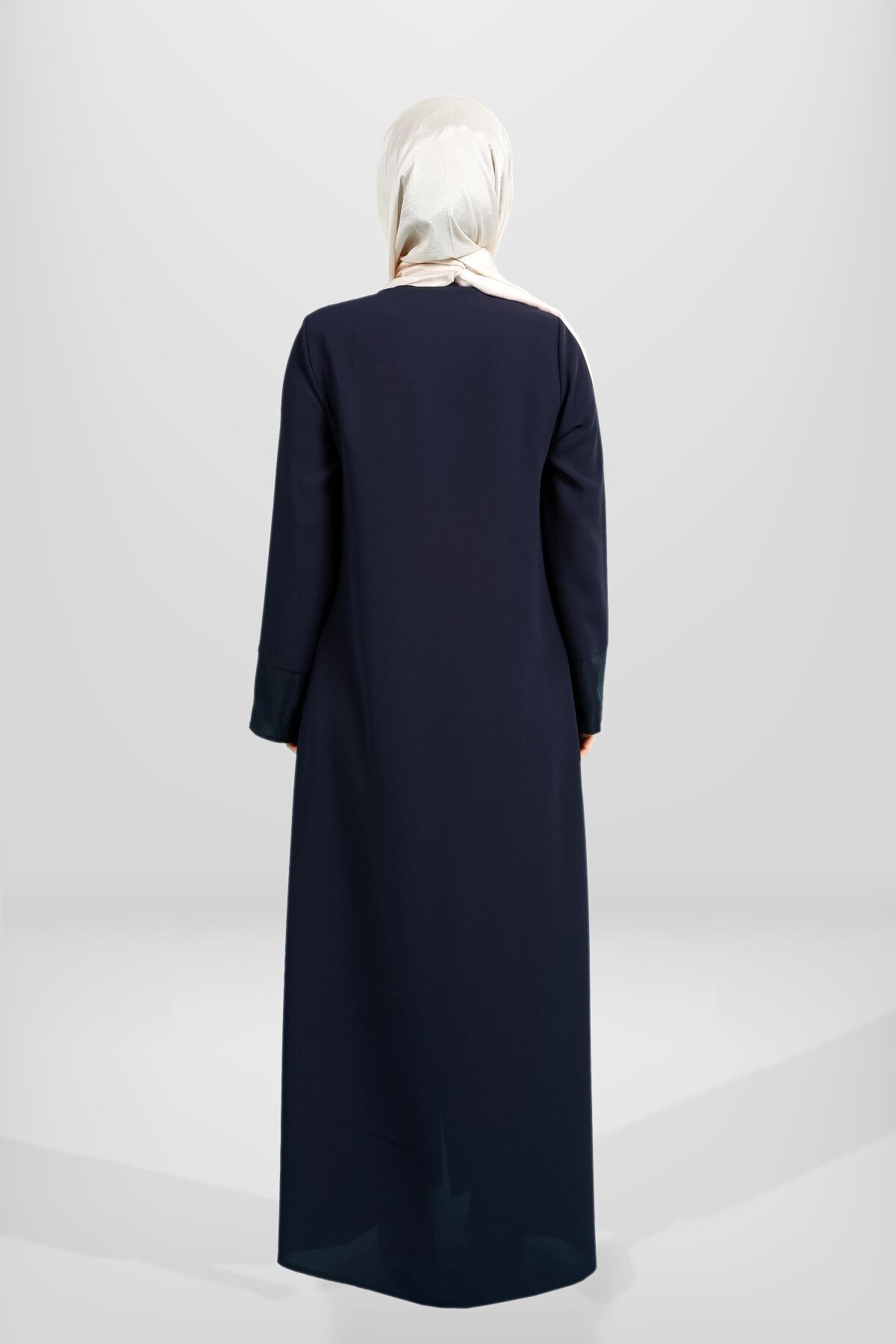 Zippered Stone-Embellished Side-Pocket Abaya - Navy Blue - Beyza