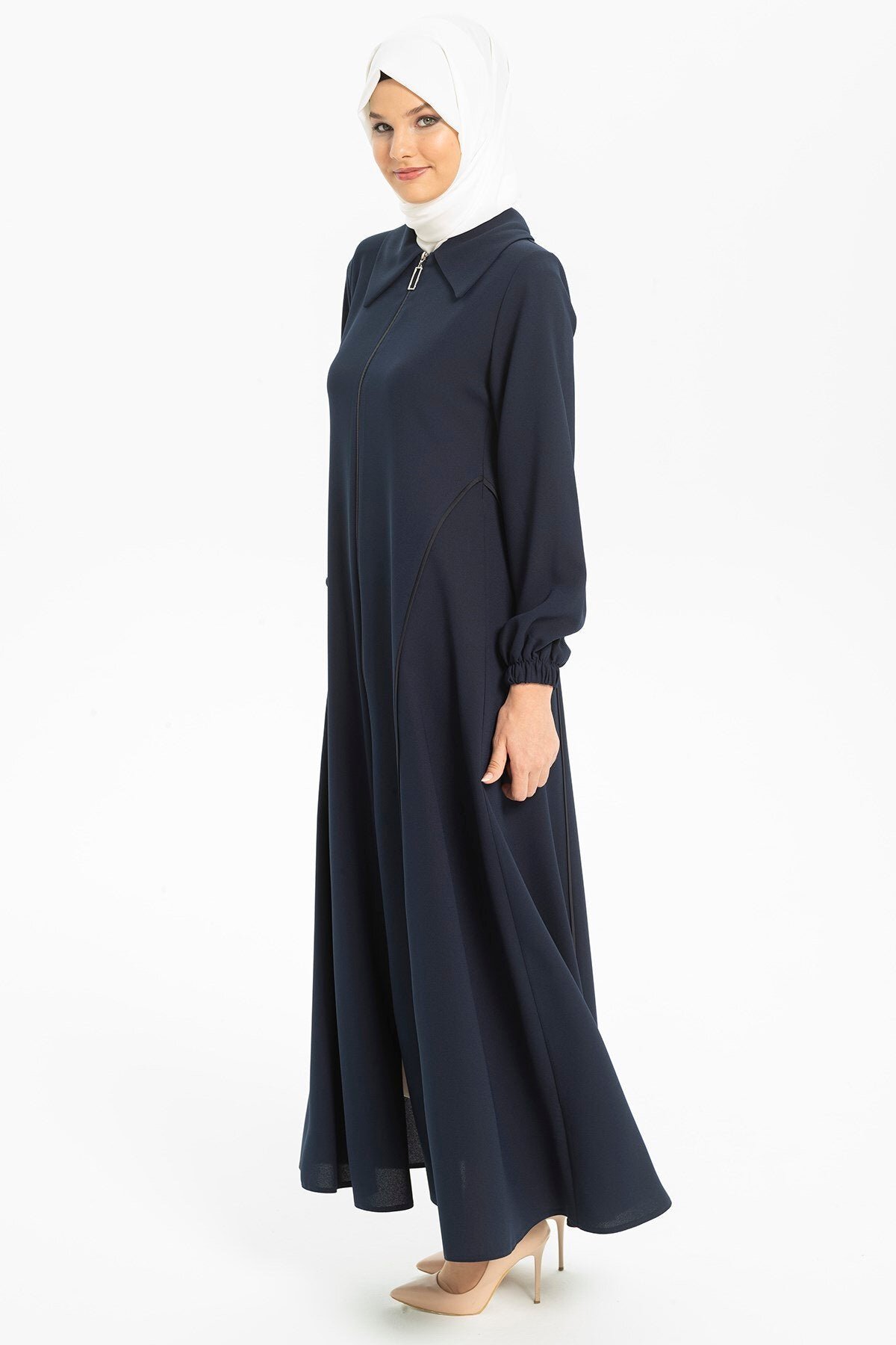 Shirt-Collared, Waist-Piped Abaya - Navy Blue - Beyza