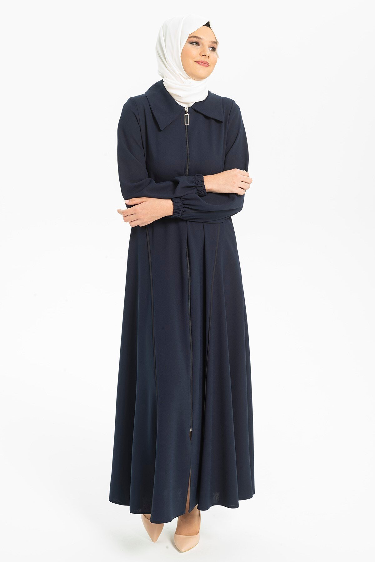 Shirt-Collared, Waist-Piped Abaya - Navy Blue - Beyza