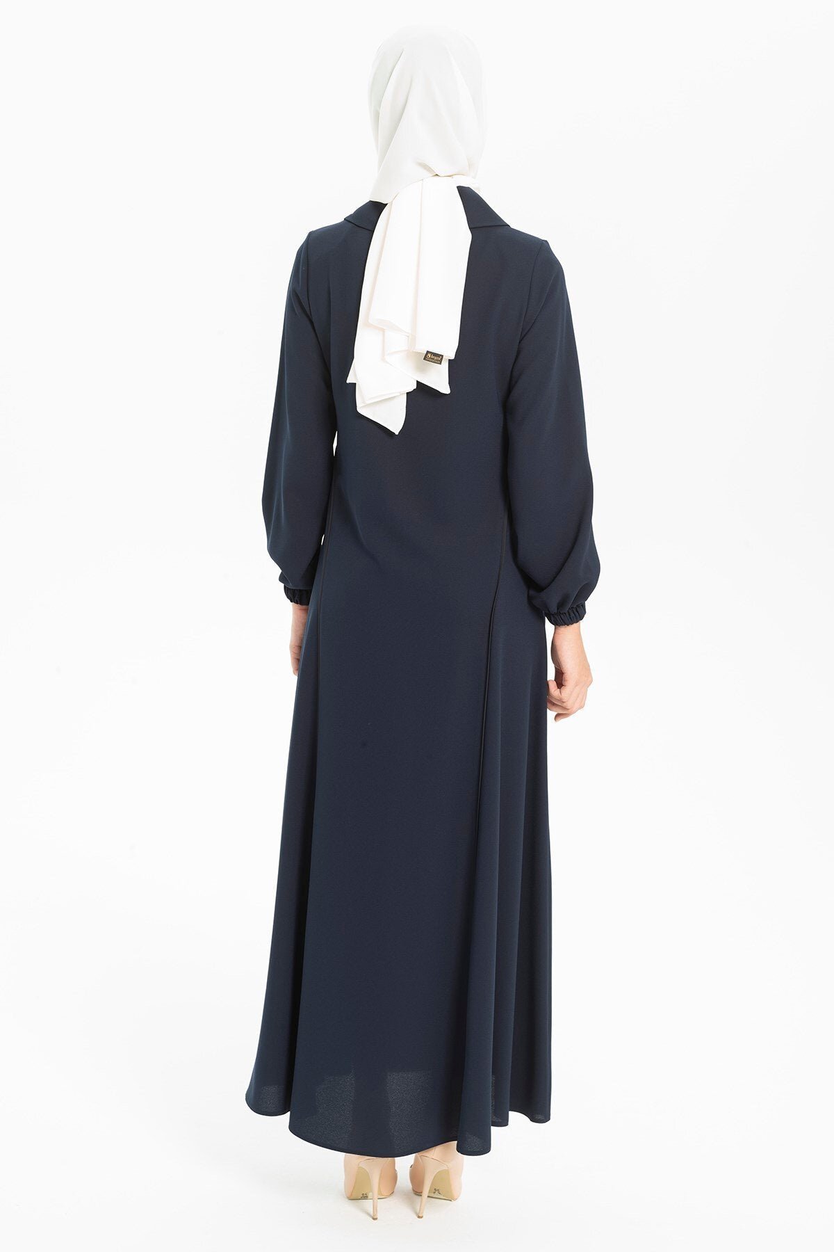 Shirt-Collared, Waist-Piped Abaya - Navy Blue - Beyza