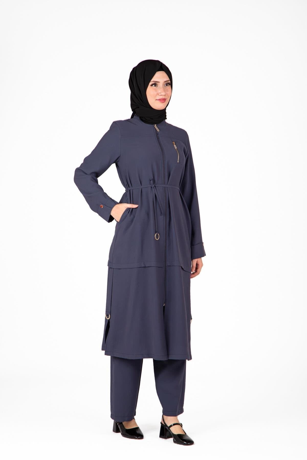 Two-Piece Ring Detail Modest Set - Navy Blue - Beyza