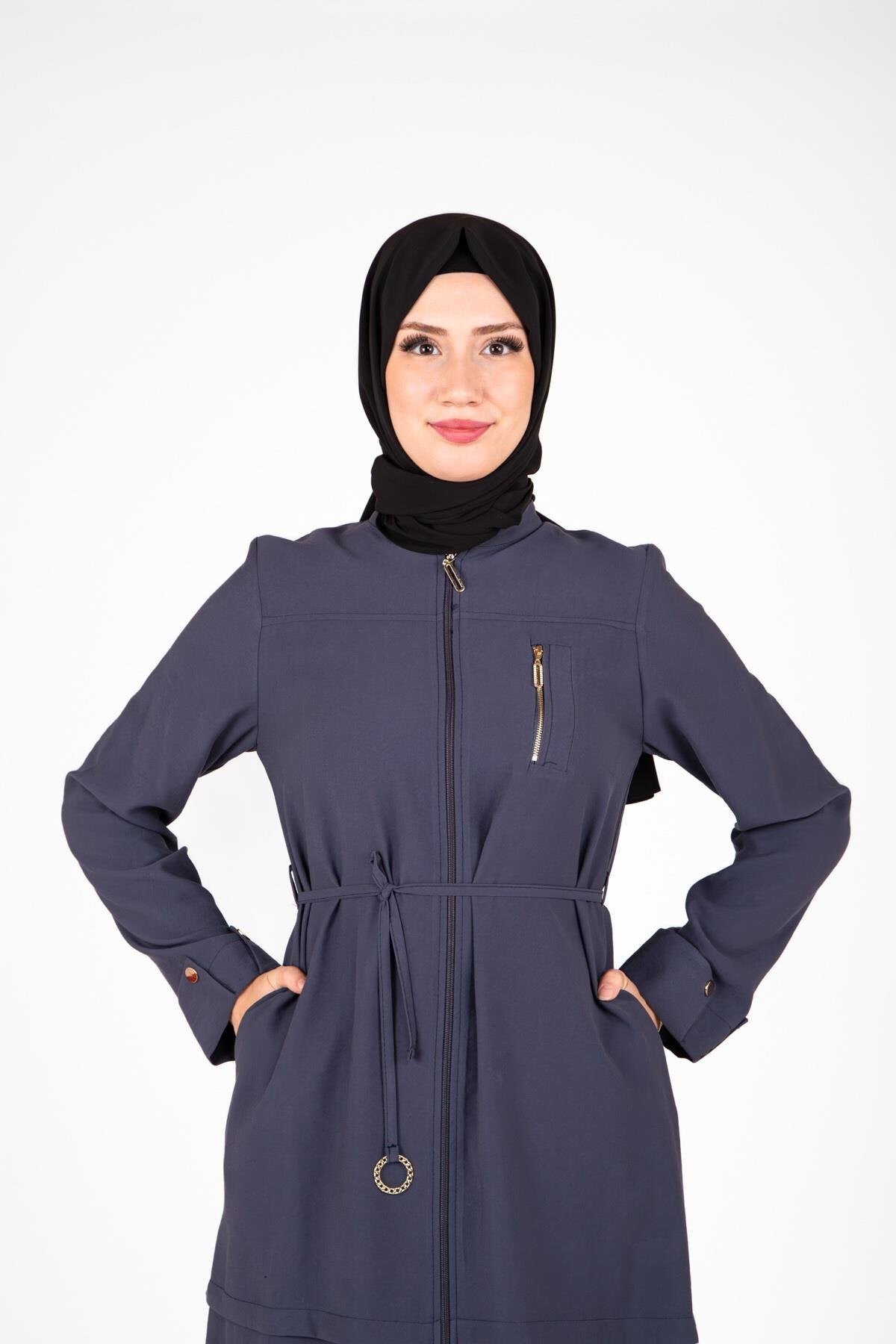 Two-Piece Ring Detail Modest Set - Navy Blue - Beyza