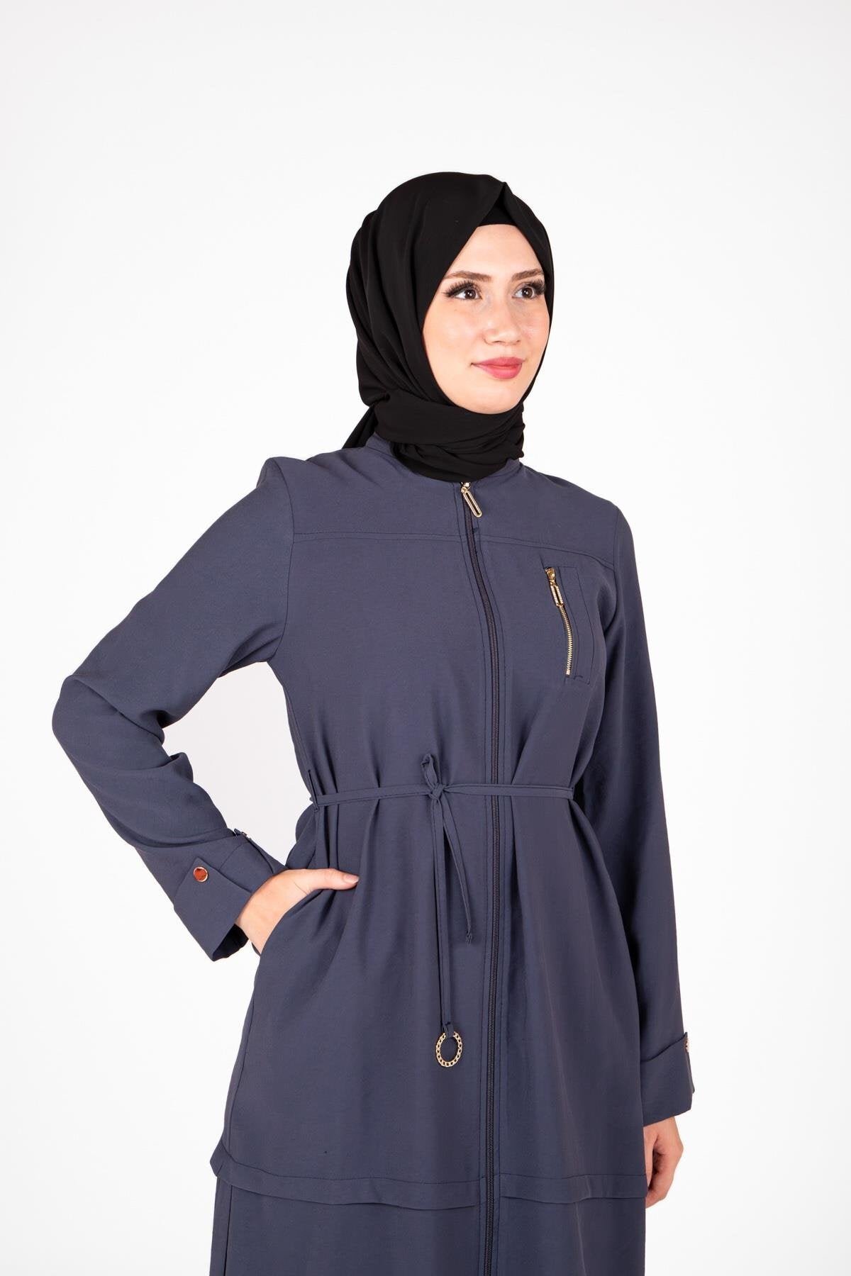 Two-Piece Ring Detail Modest Set - Navy Blue - Beyza
