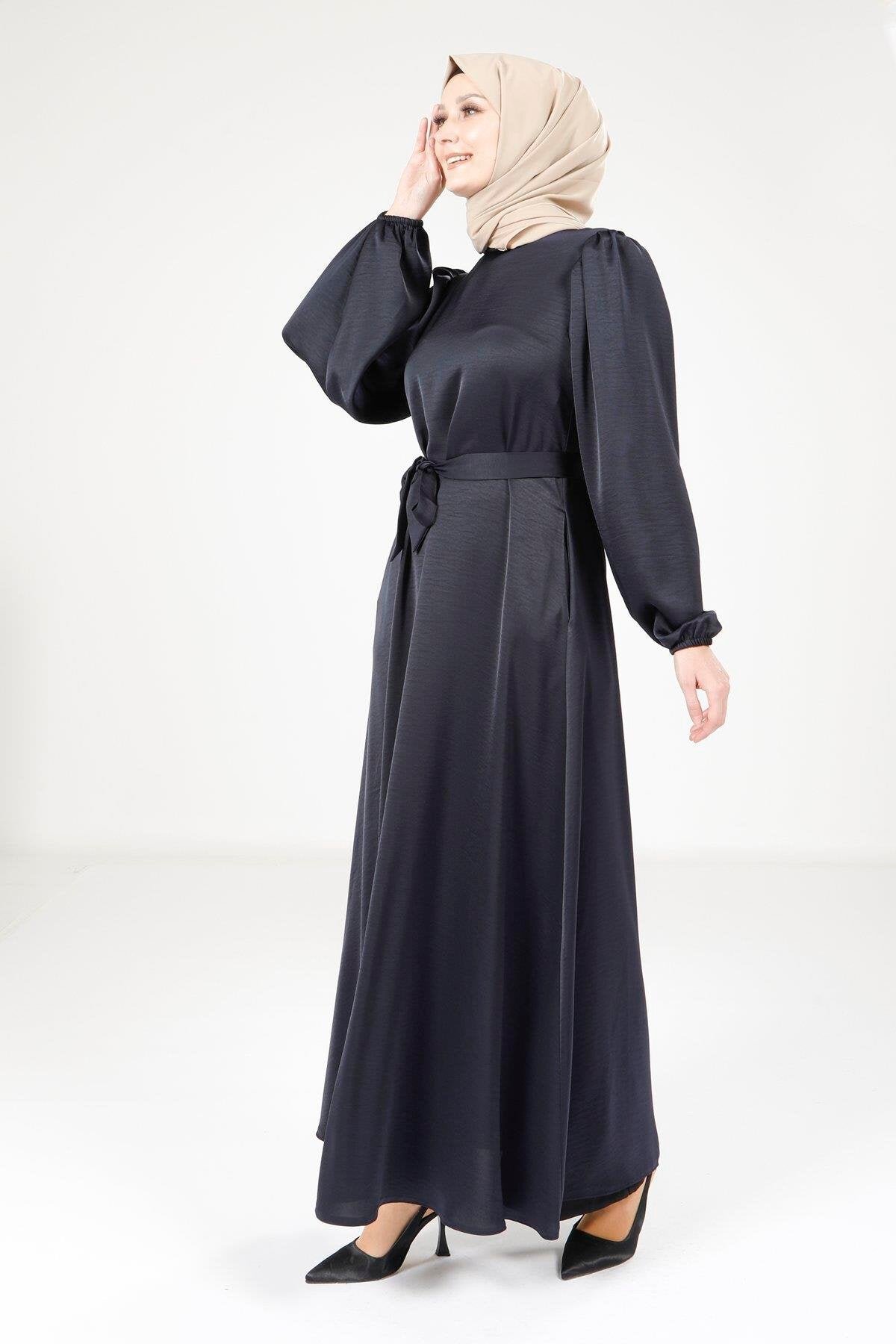 Balloon Sleeve Shimmer Modest Evening Dress - Navy - Beyza
