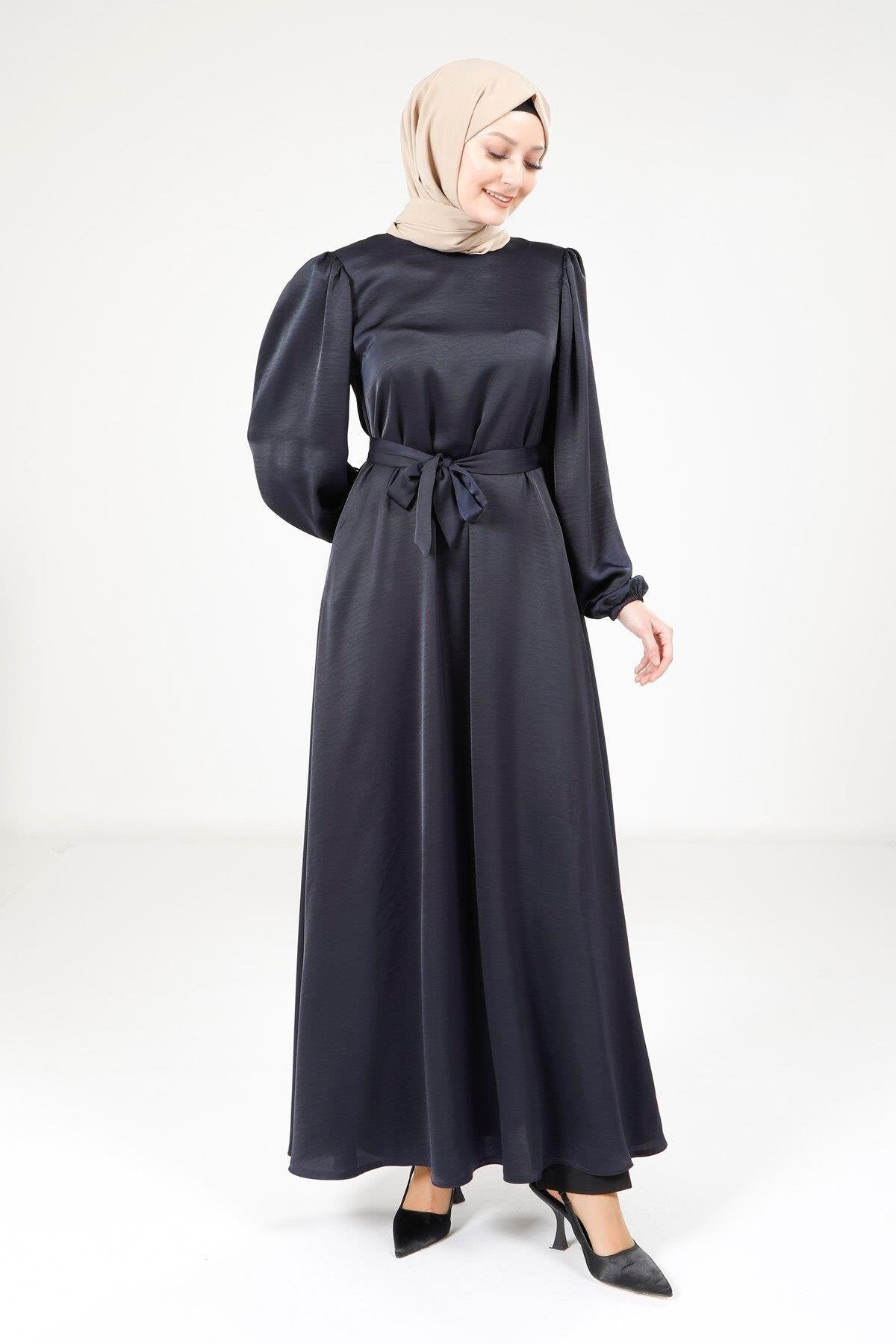 Balloon Sleeve Shimmer Modest Evening Dress - Navy - Beyza
