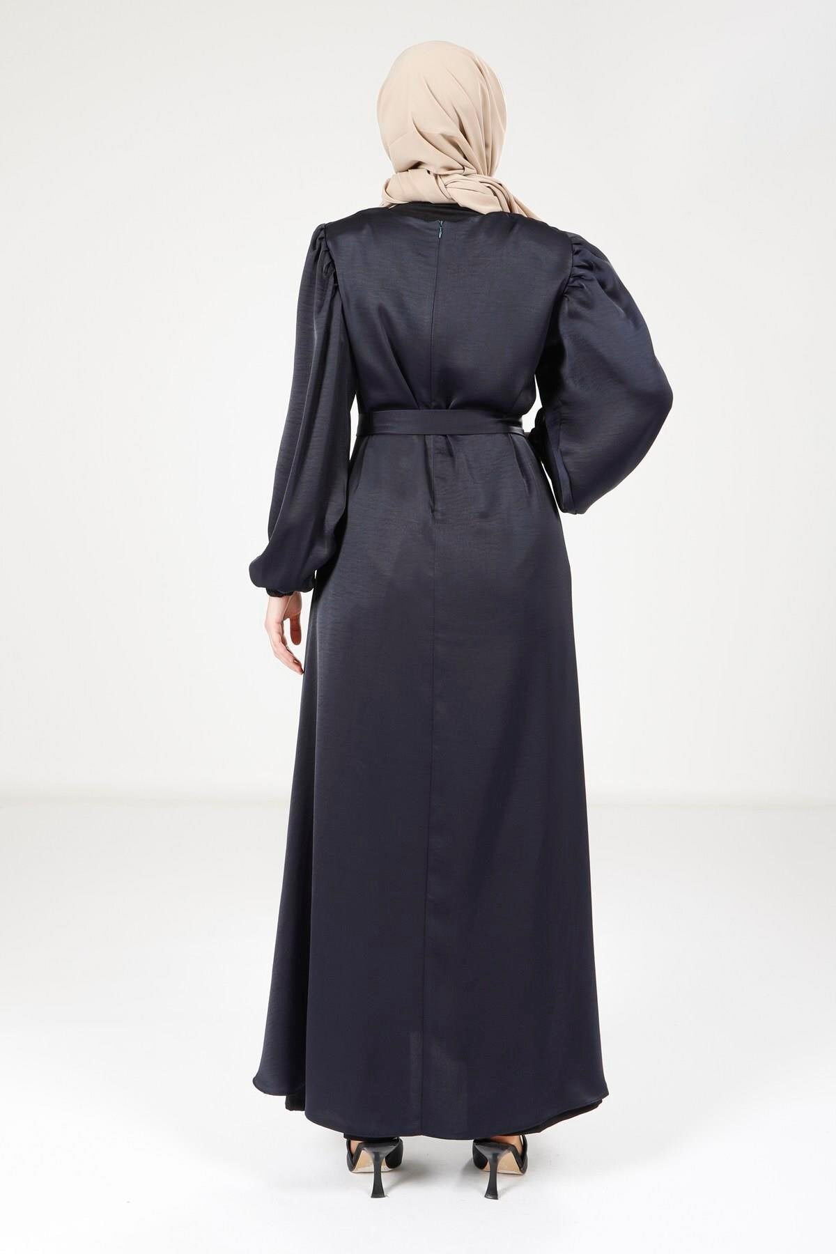 Balloon Sleeve Shimmer Modest Evening Dress - Navy - Beyza
