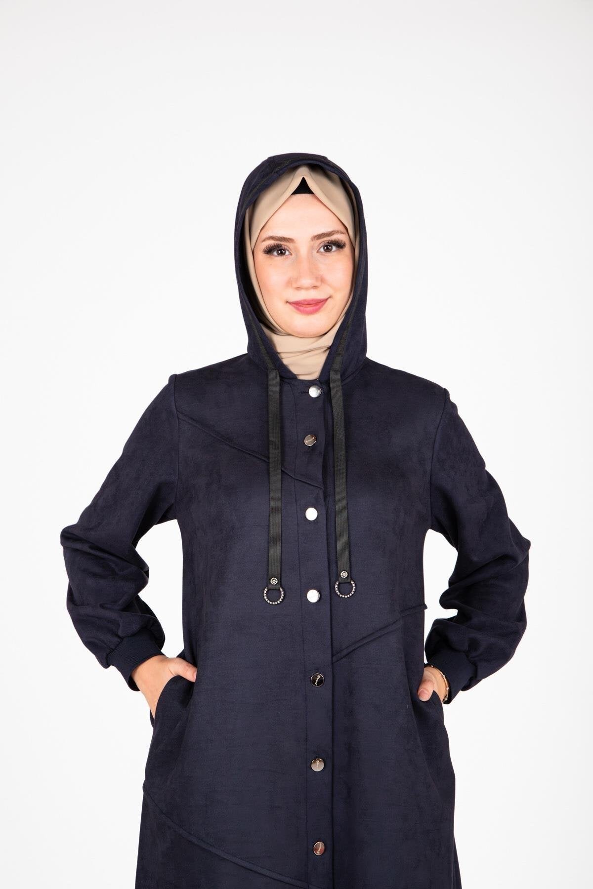 Lacivert Kapüşonlu Önden Düğmeli Giyçık - Beyza