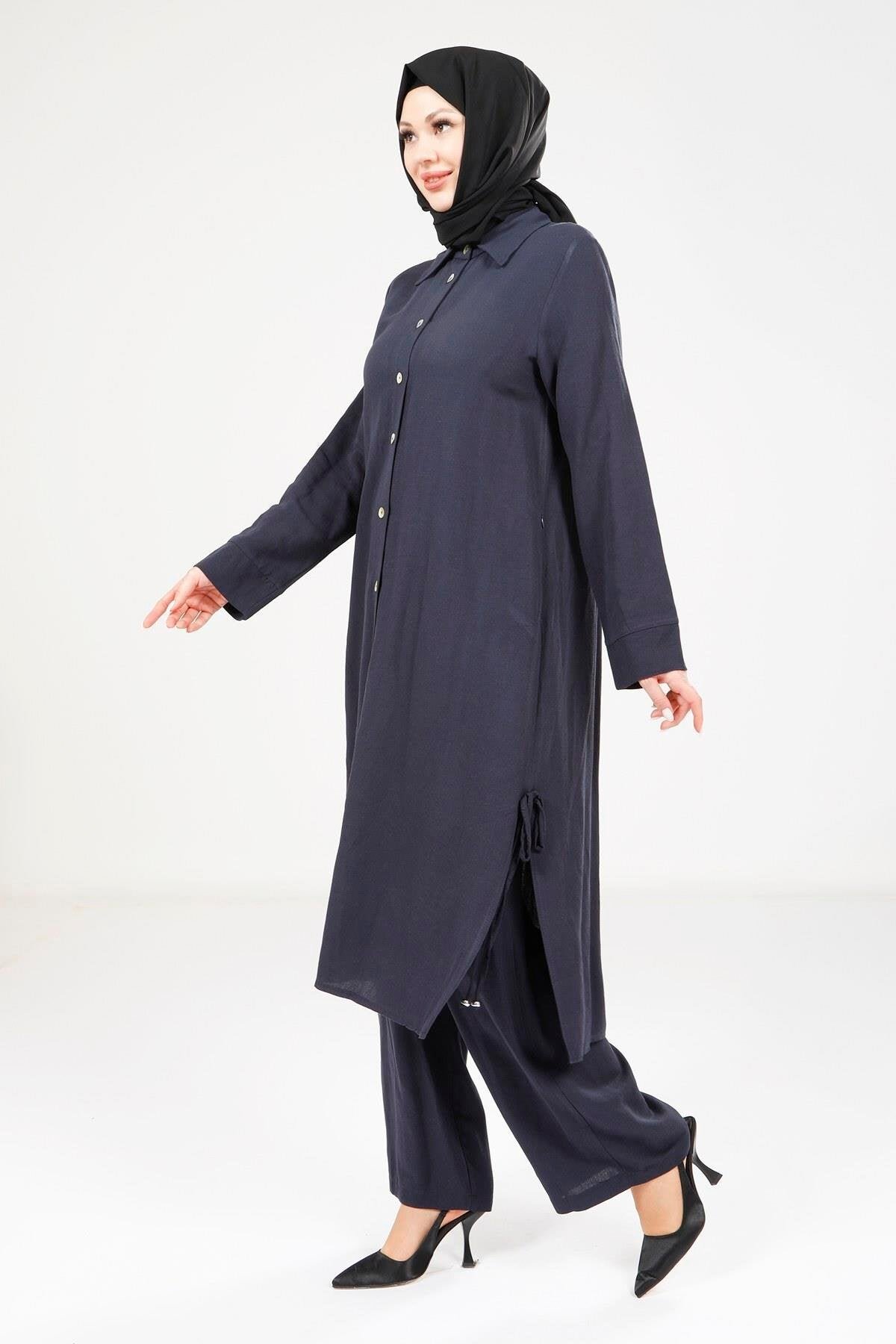 Two-Piece Linen Modest Set - Navy Blue - Beyza