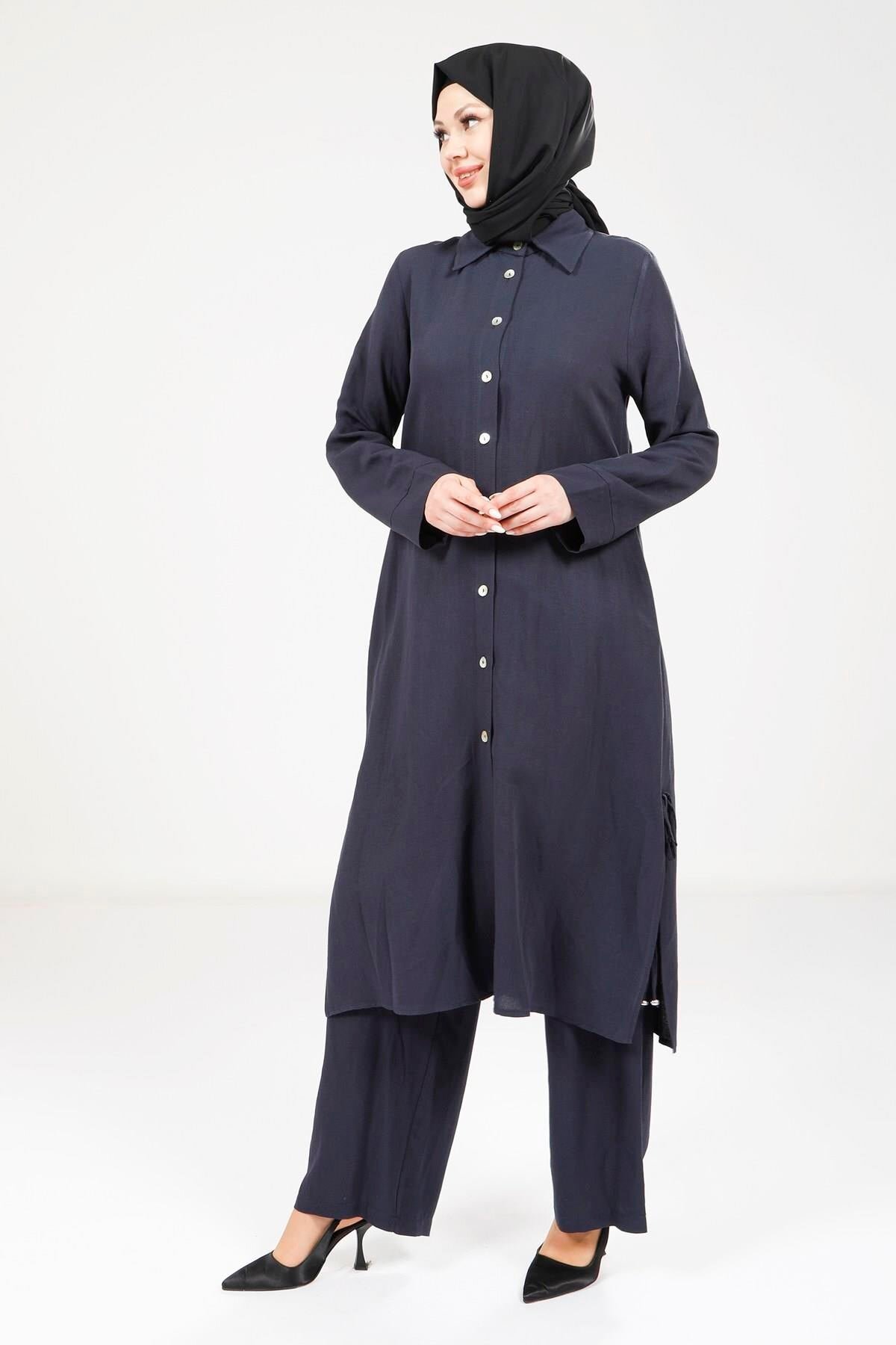 Two-Piece Linen Modest Set - Navy Blue - Beyza