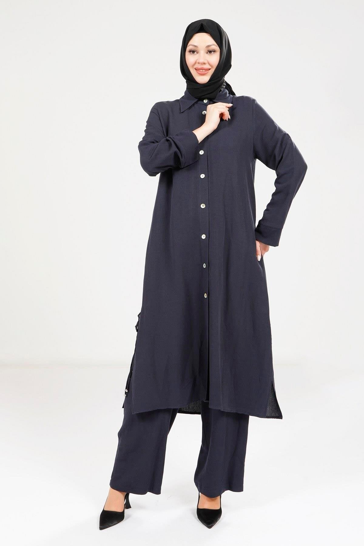 Two-Piece Linen Modest Set - Navy Blue - Beyza
