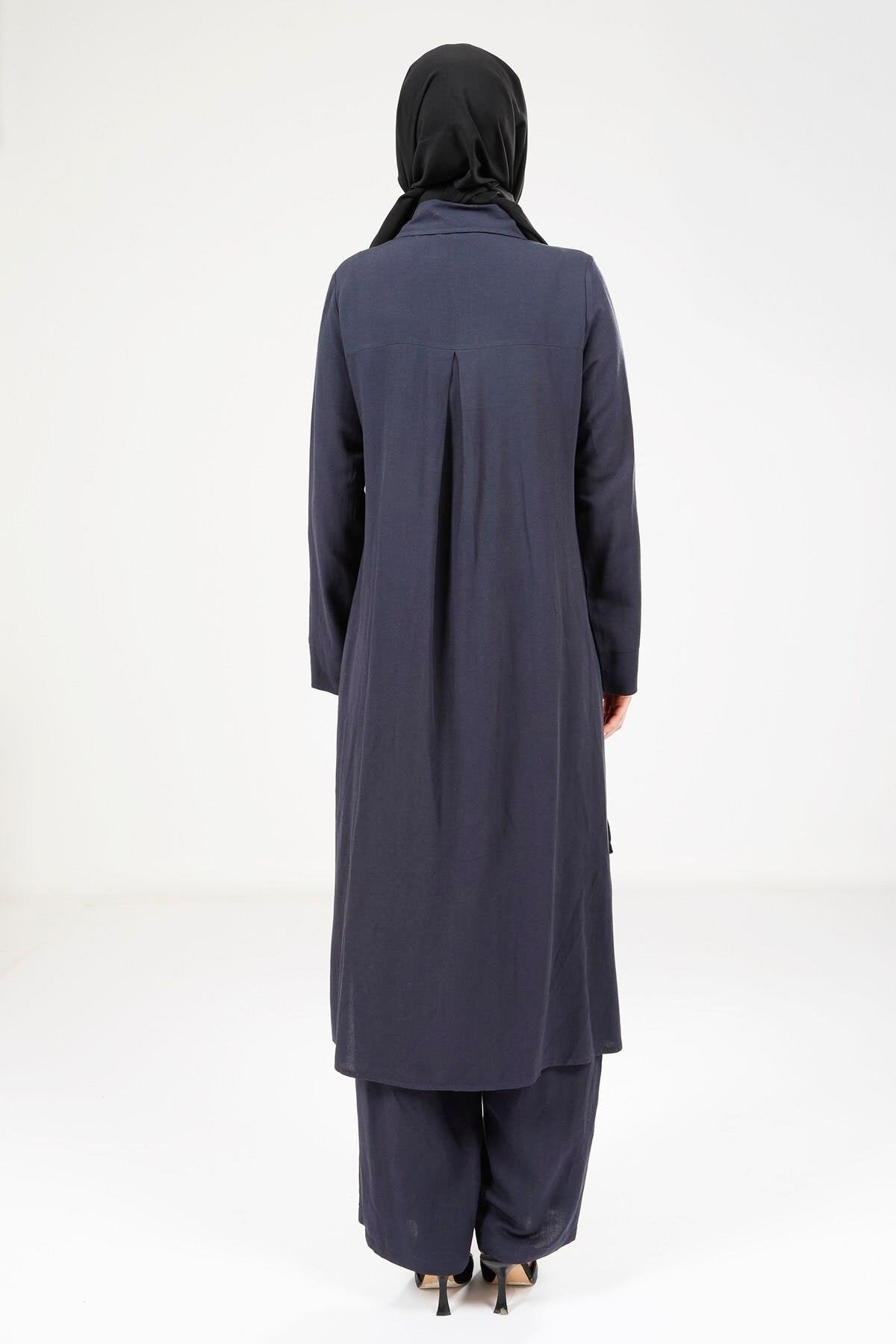Two-Piece Linen Modest Set - Navy Blue - Beyza