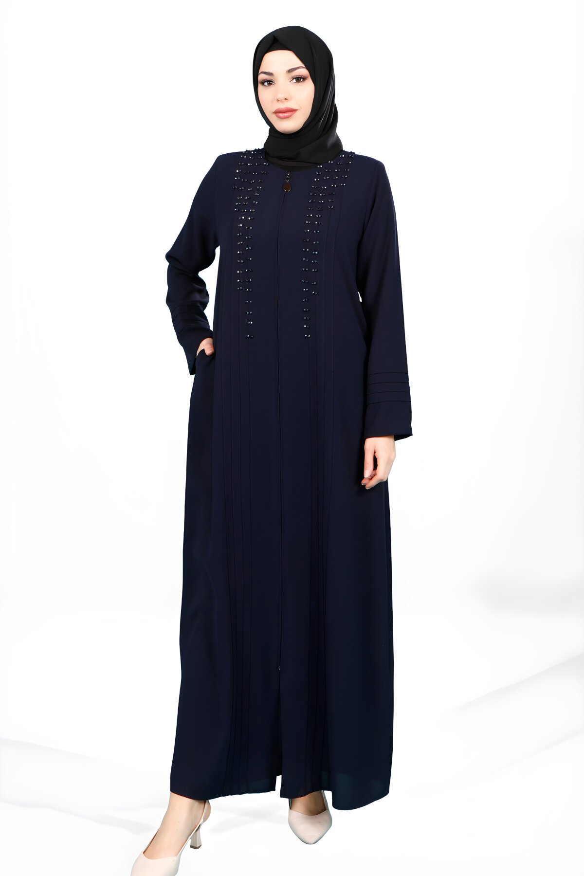 Lacivert Nervürlü Fermuarlı Taş İşlemeli Yandan Cepli Ferace - Beyza