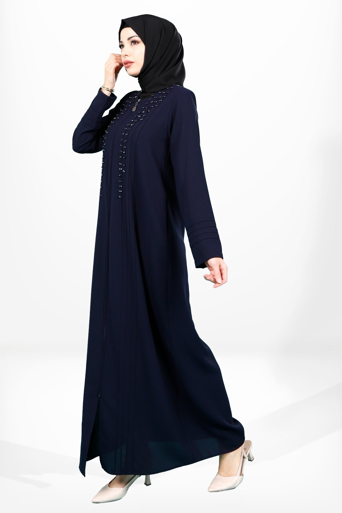 Pintuck Stone-Embellished Zip-Up Abaya - Navy Blue - Beyza