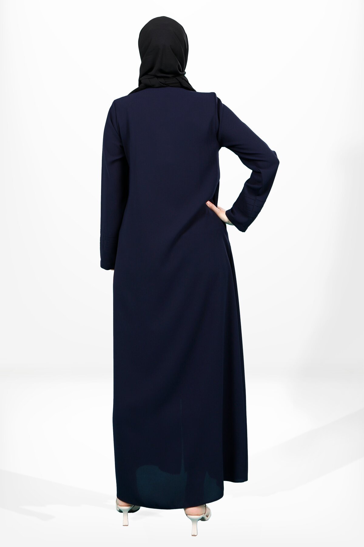Pintuck Stone-Embellished Zip-Up Abaya - Navy Blue - Beyza