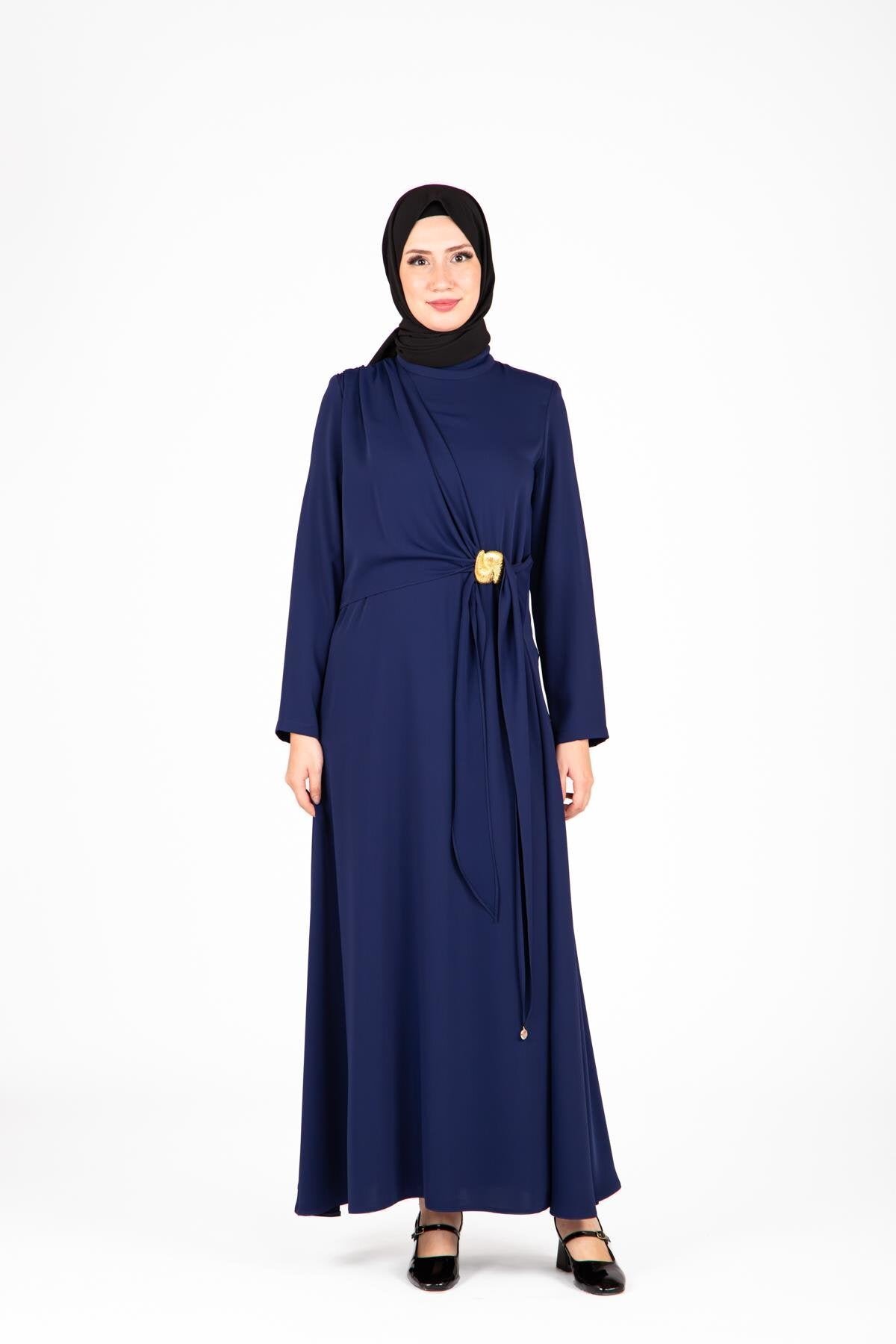 Front Buckle Modest Dress - Navy - Beyza