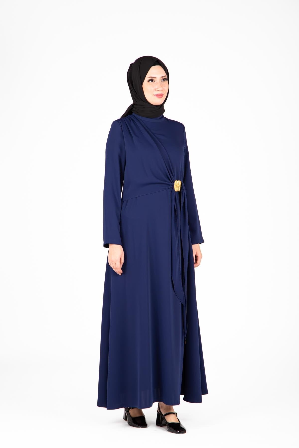Front Buckle Modest Dress - Navy - Beyza