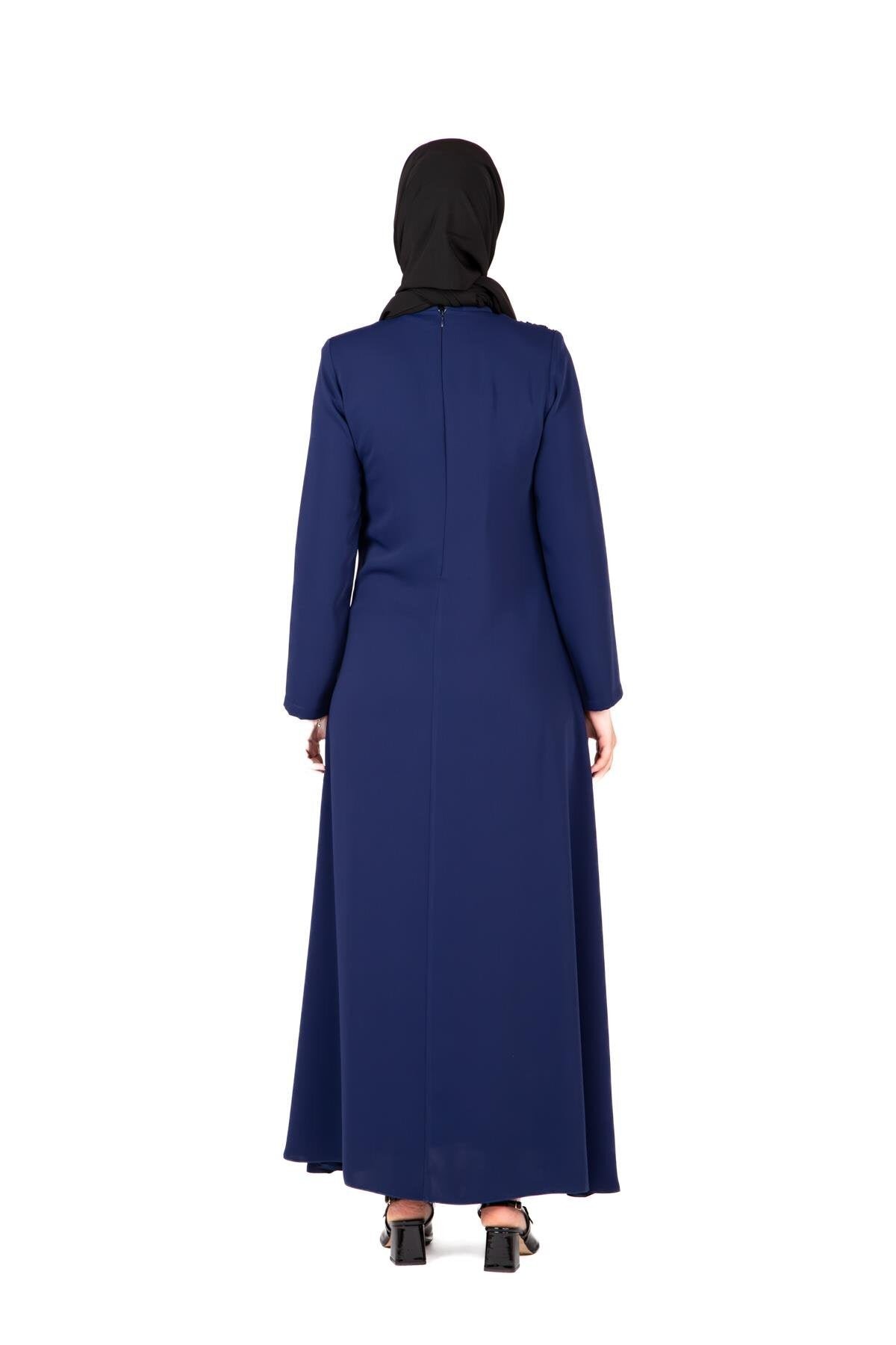 Front Buckle Modest Dress - Navy - Beyza