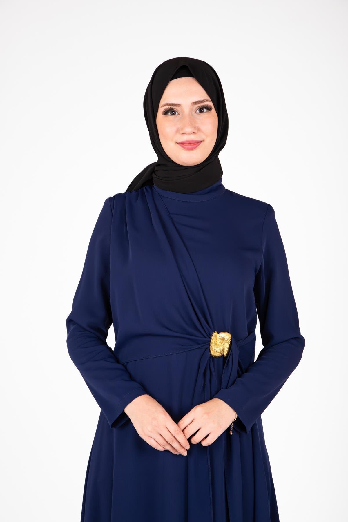 Front Buckle Modest Dress - Navy - Beyza