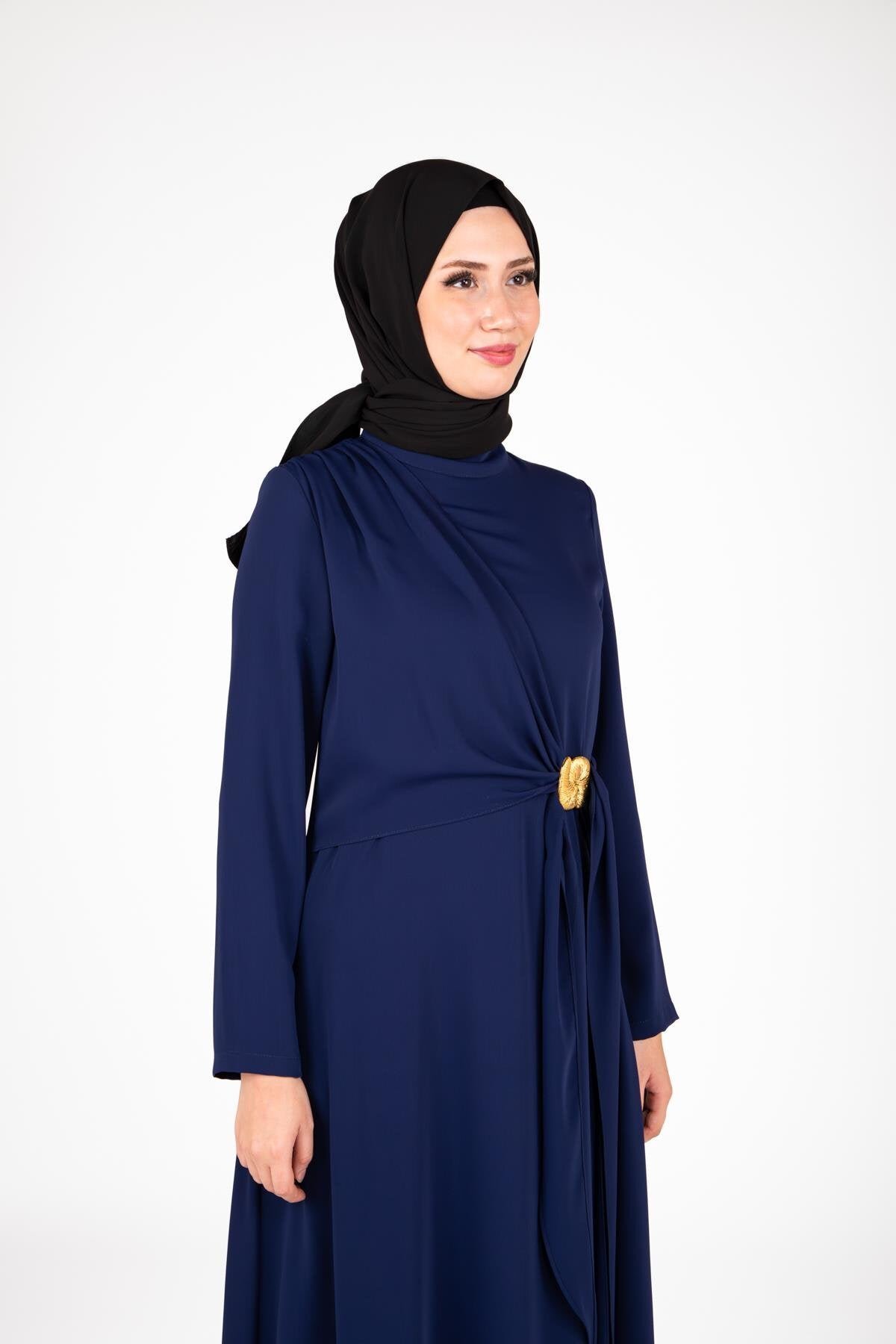 Front Buckle Modest Dress - Navy - Beyza