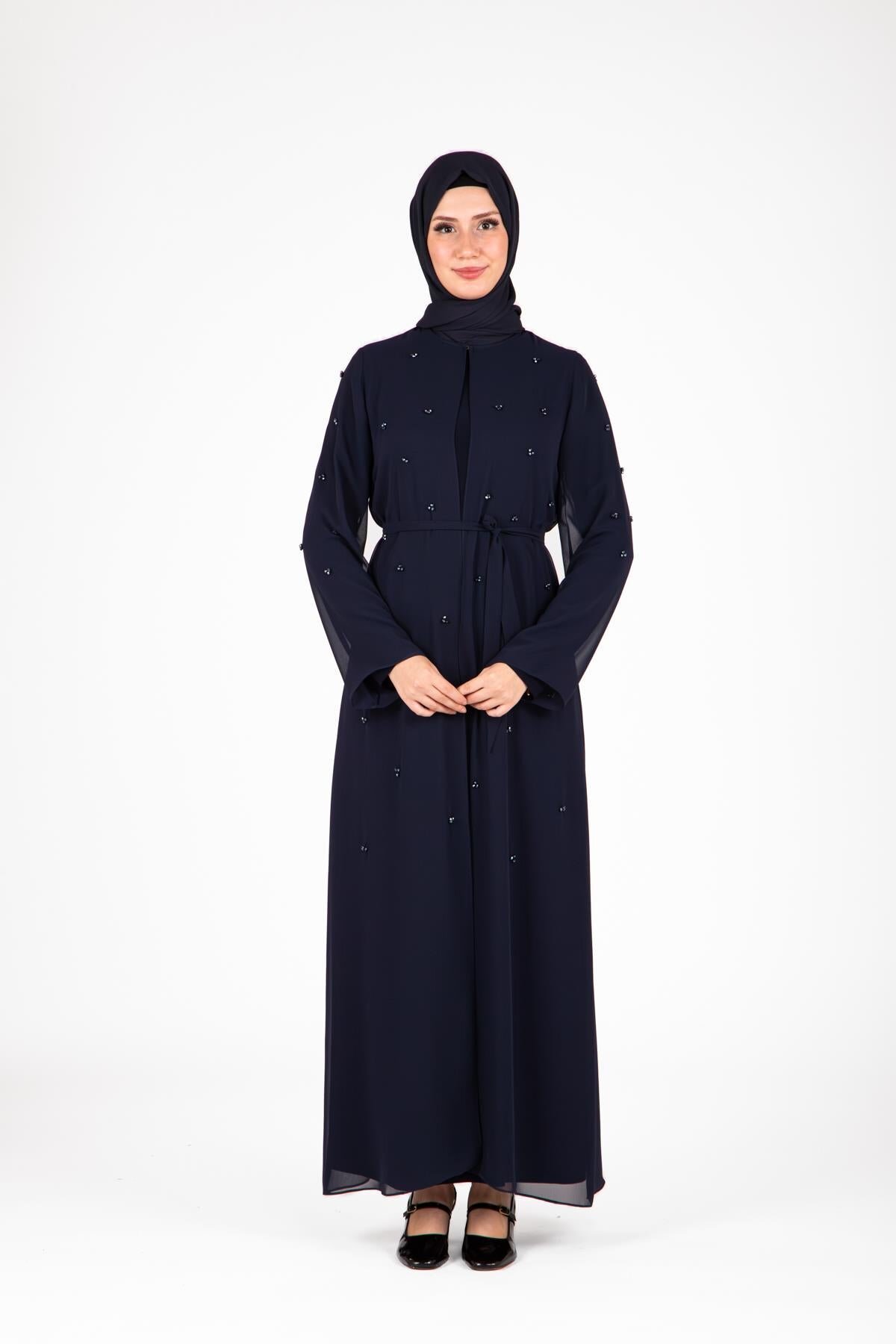 Scattered Stone Detail Abaya Ferace Set - Navy - Beyza