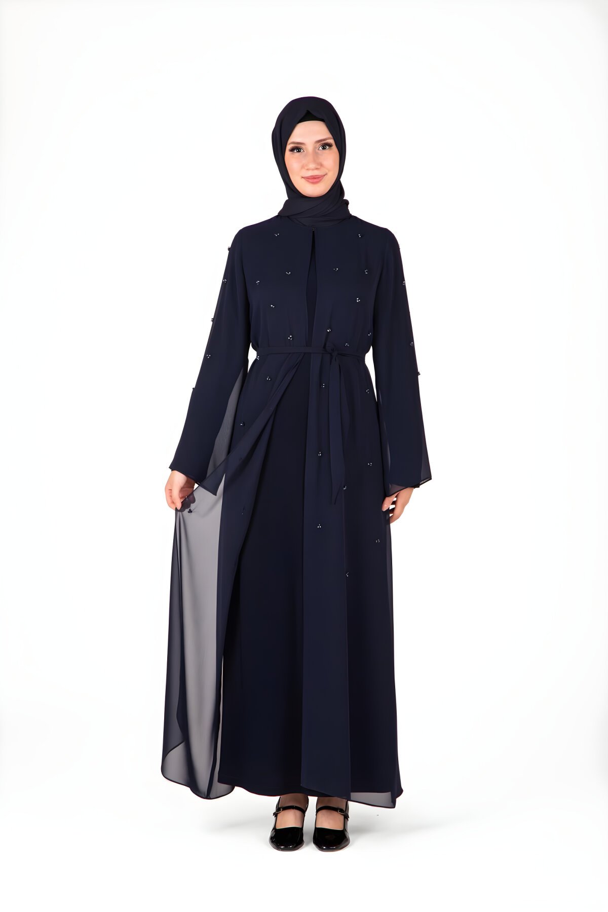 Lacivert Serpme Taş Detaylı Abaya Ferace Takım - Beyza