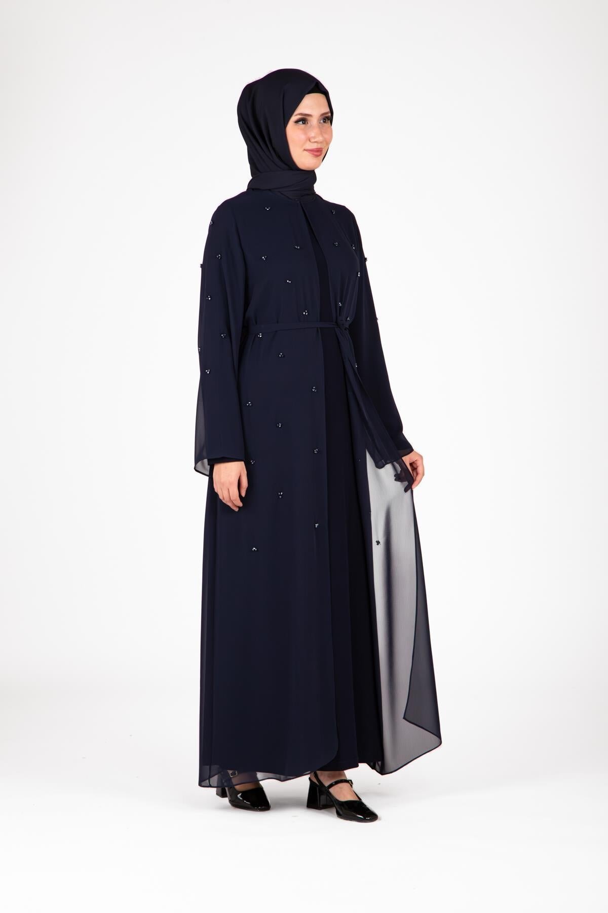 Scattered Stone Detail Abaya Ferace Set - Navy - Beyza