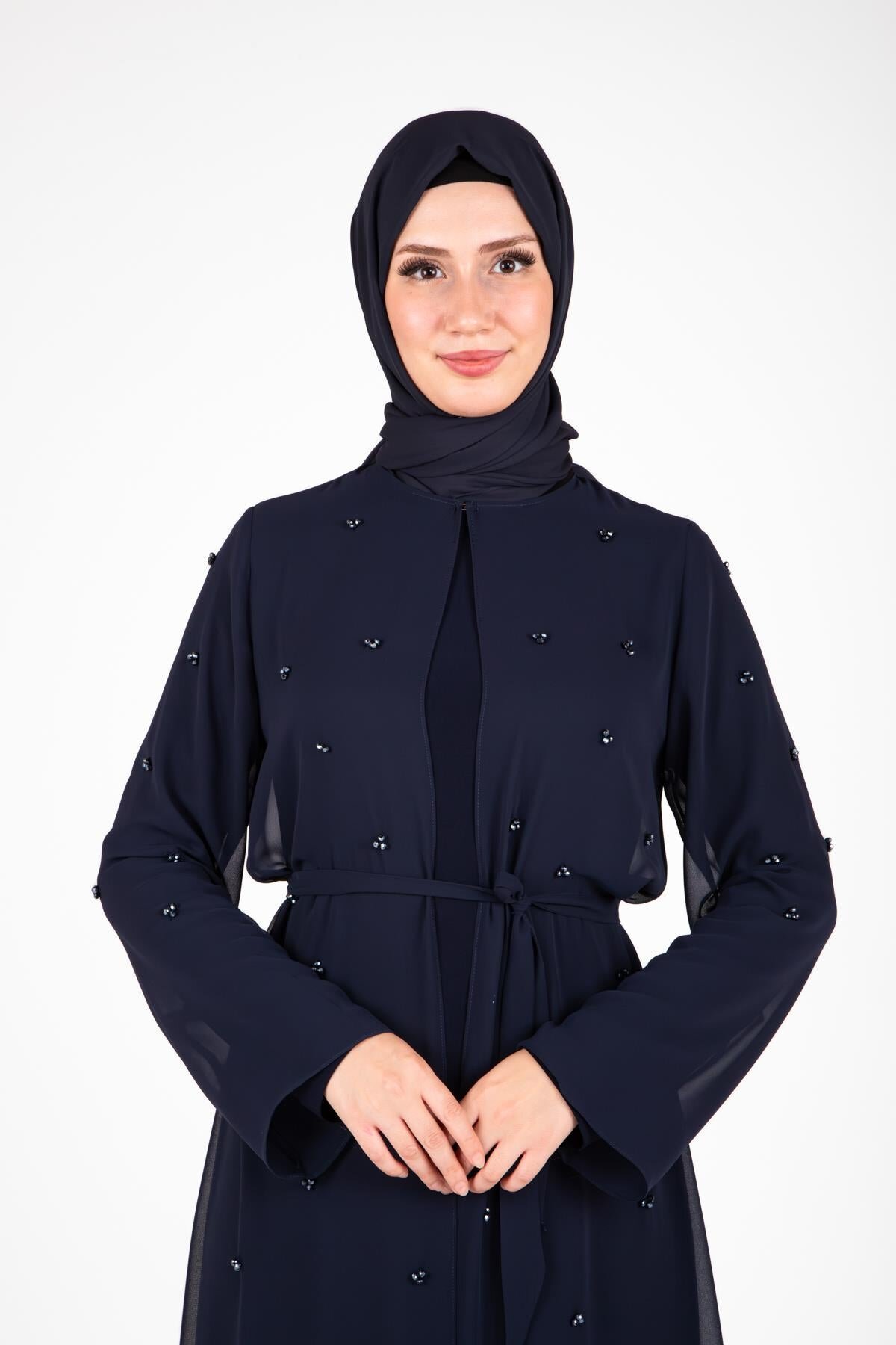 Scattered Stone Detail Abaya Ferace Set - Navy - Beyza