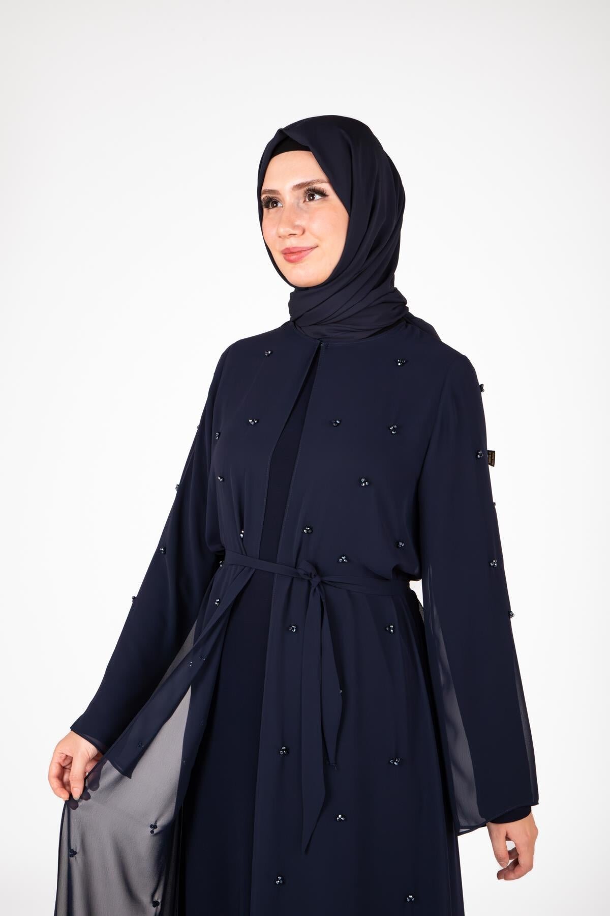 Scattered Stone Detail Abaya Ferace Set - Navy - Beyza