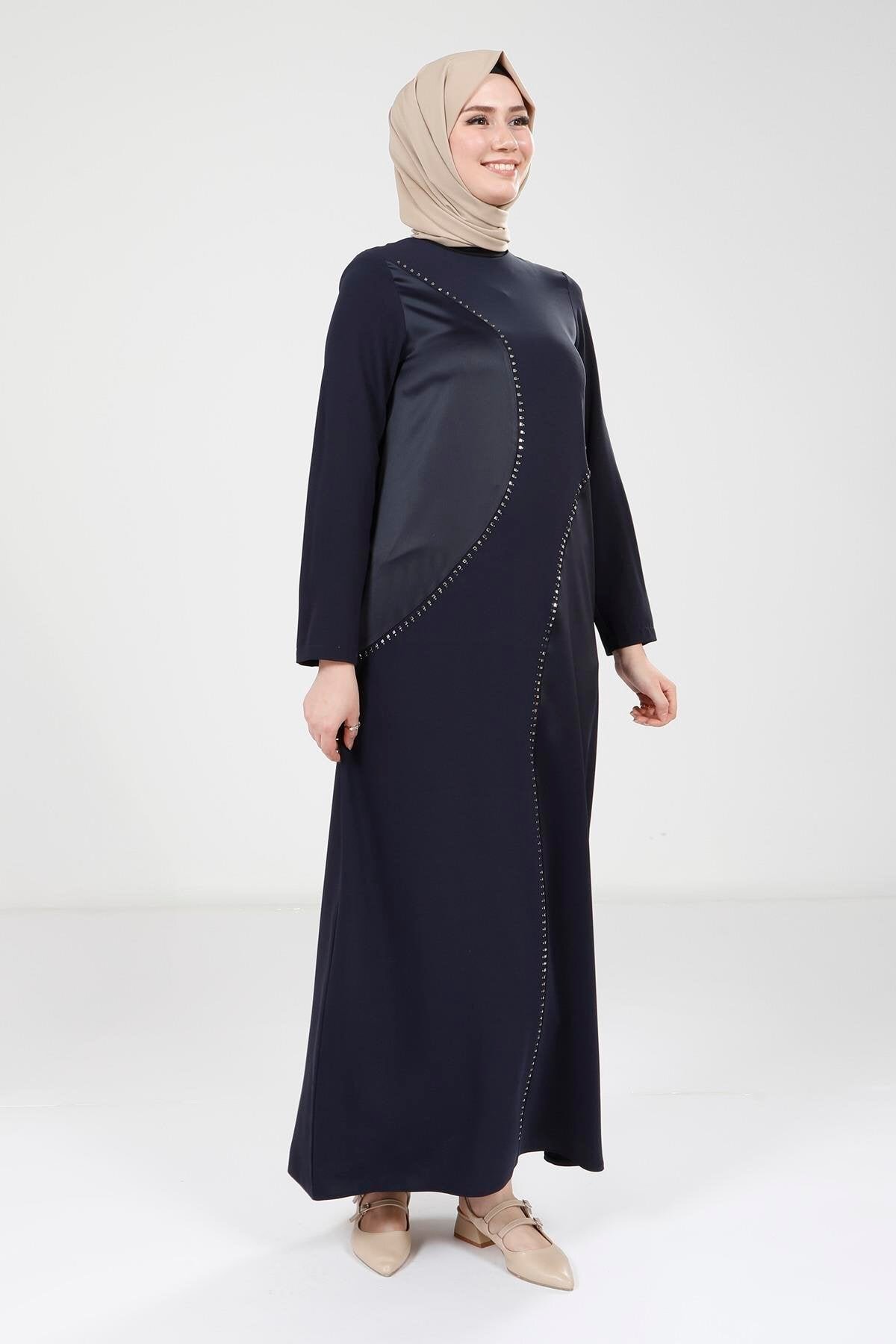 Modest Stone-Detail Evening Dress - Navy Blue - Beyza