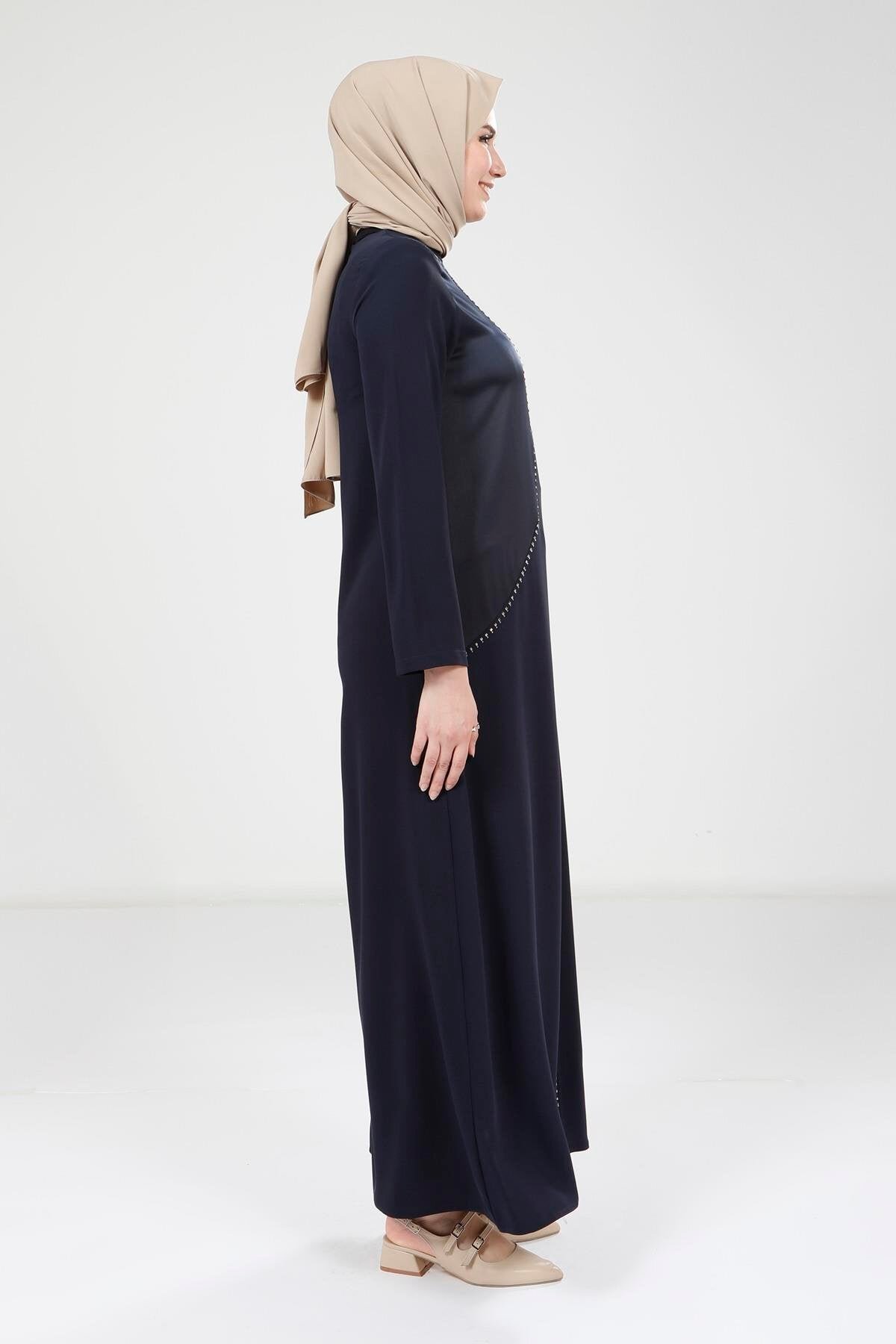 Modest Stone-Detail Evening Dress - Navy Blue - Beyza