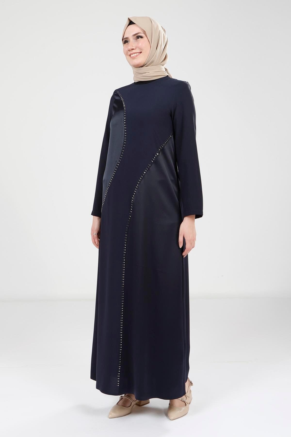 Modest Stone-Detail Evening Dress - Navy Blue - Beyza