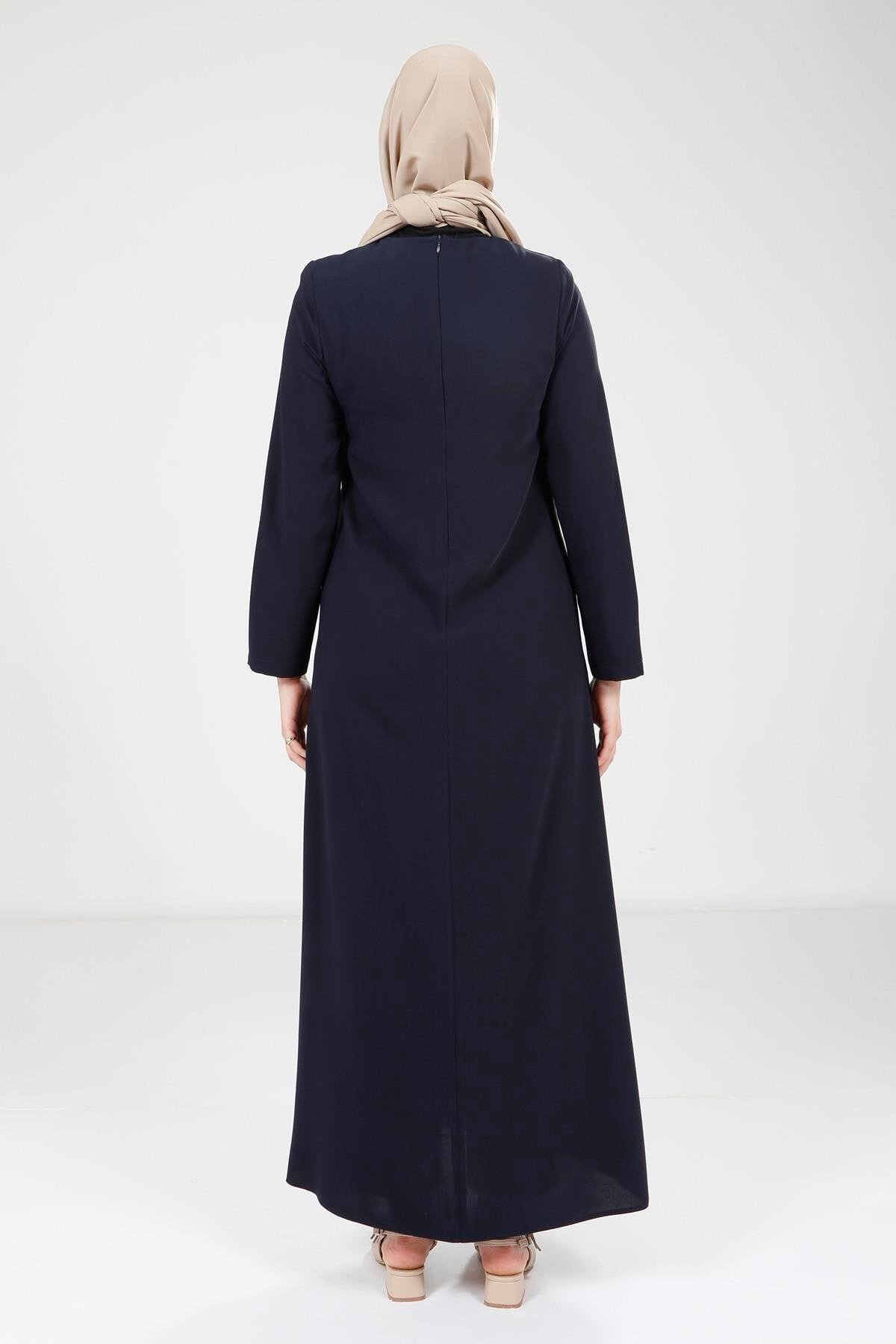 Modest Stone-Detail Evening Dress - Navy Blue - Beyza