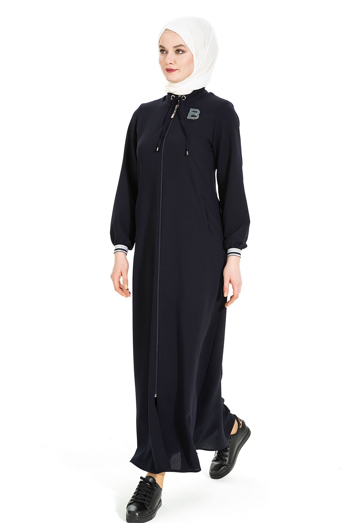 Banu Style Stone Embellished Brooch Detailed Abaya - Navy Blue - Beyza