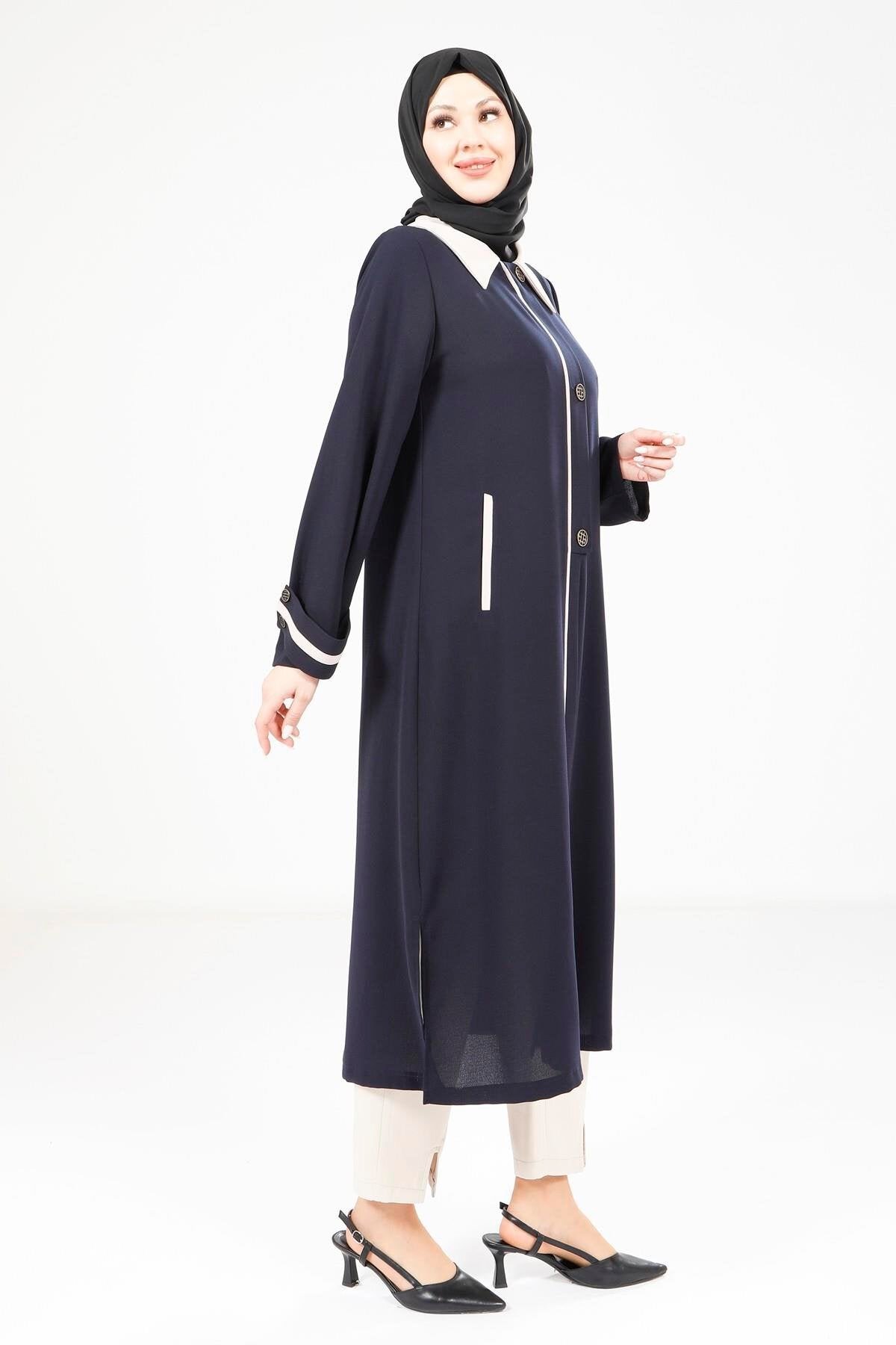 Long Collared Easy-Wear Coat - Navy - Beyza