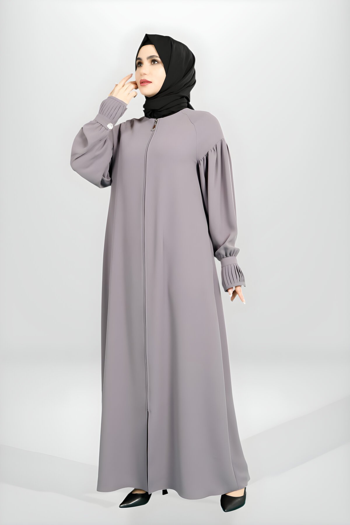 Lila Fermuarlı Nervürlü Manşet Düğme Detaylı Ferace - Beyza