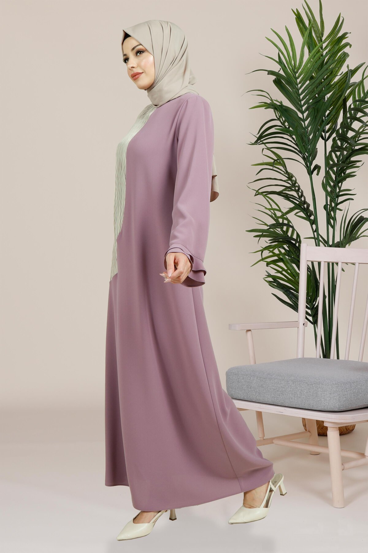 Pleated Crinkle Ruffle Sleeve Modest Dress - Lilac - Beyza