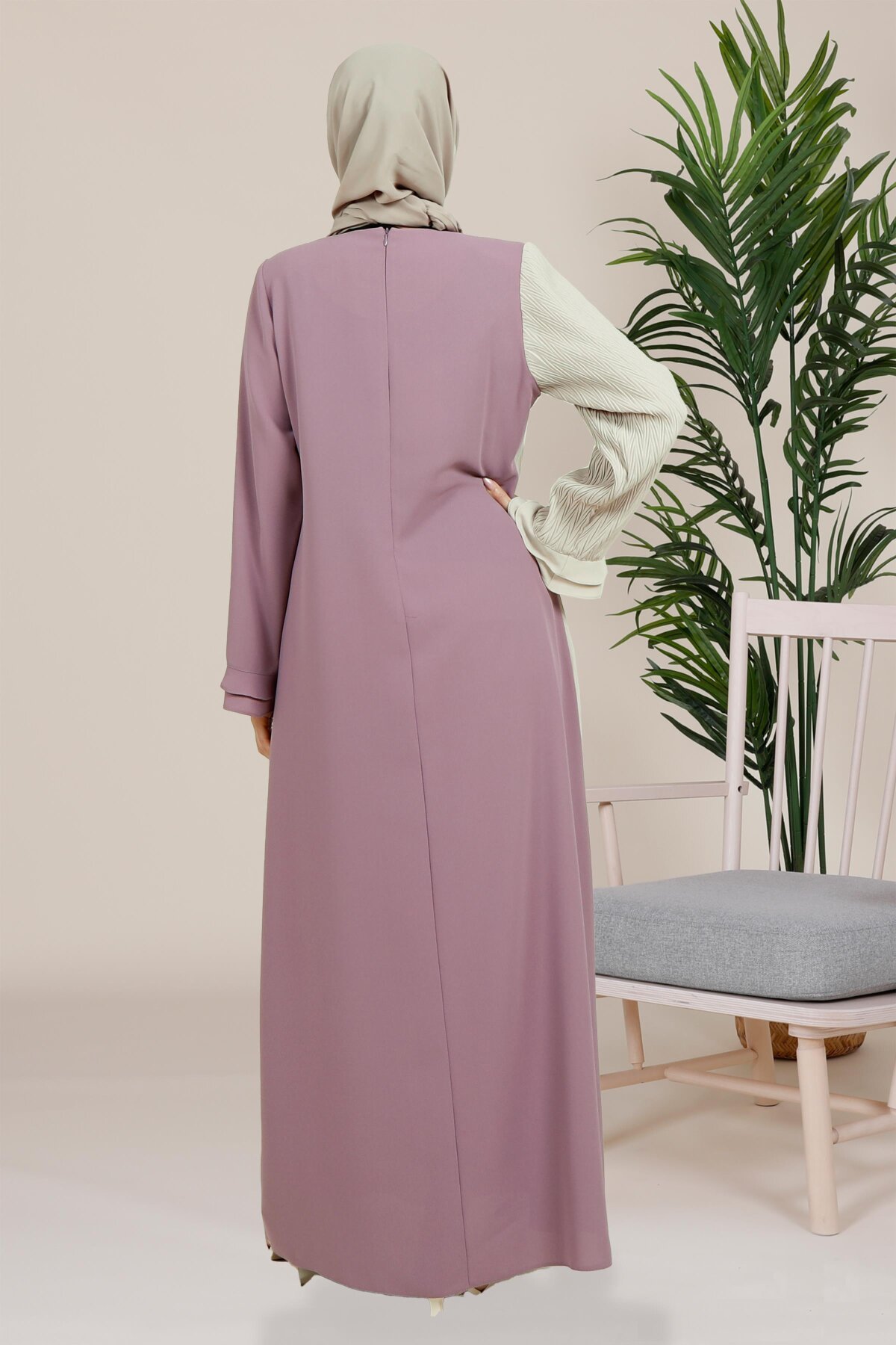 Pleated Crinkle Ruffle Sleeve Modest Dress - Lilac - Beyza