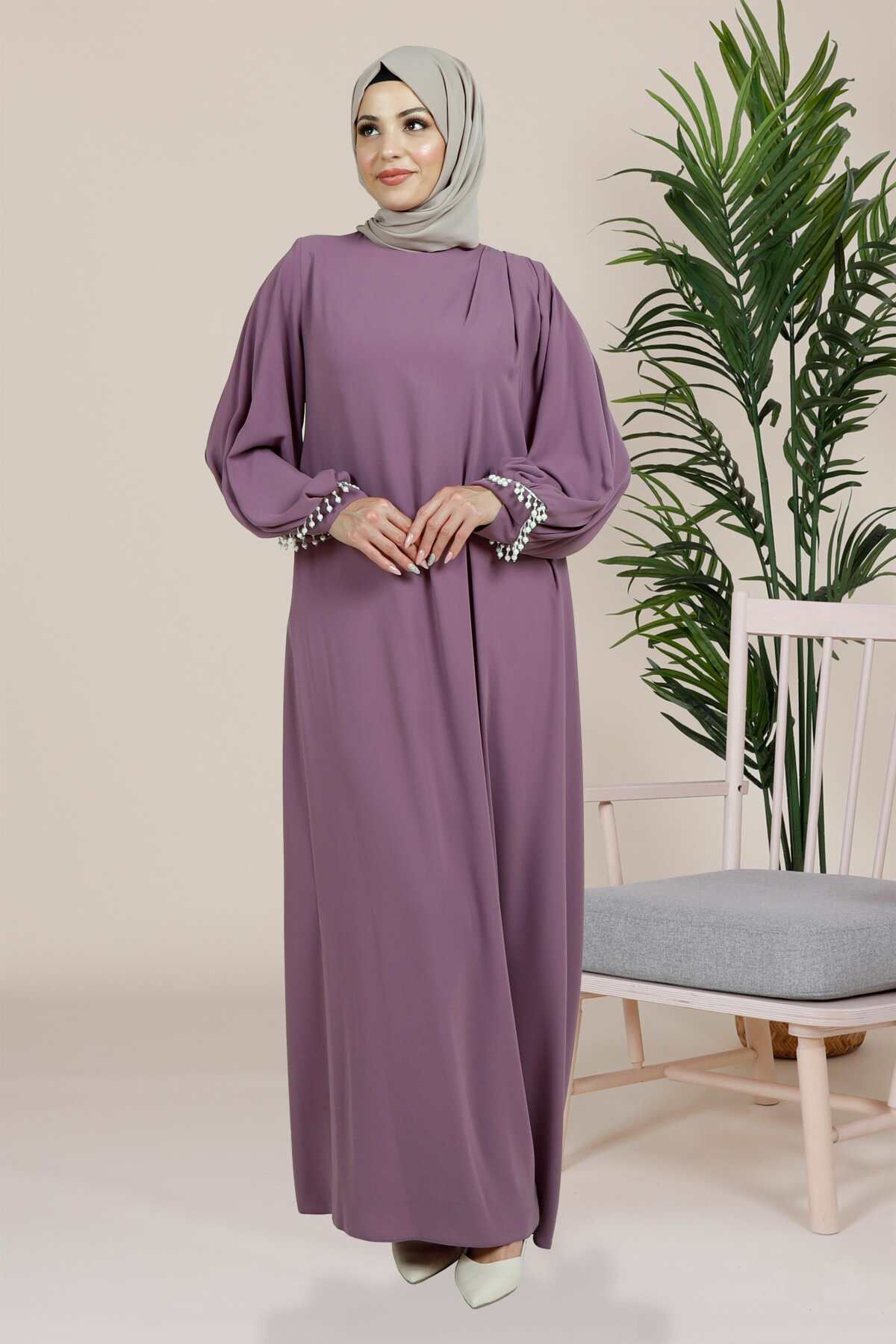 Voluminous Sleeve Pleated Pearl Detail Modest Evening Dress - Lilac - Beyza