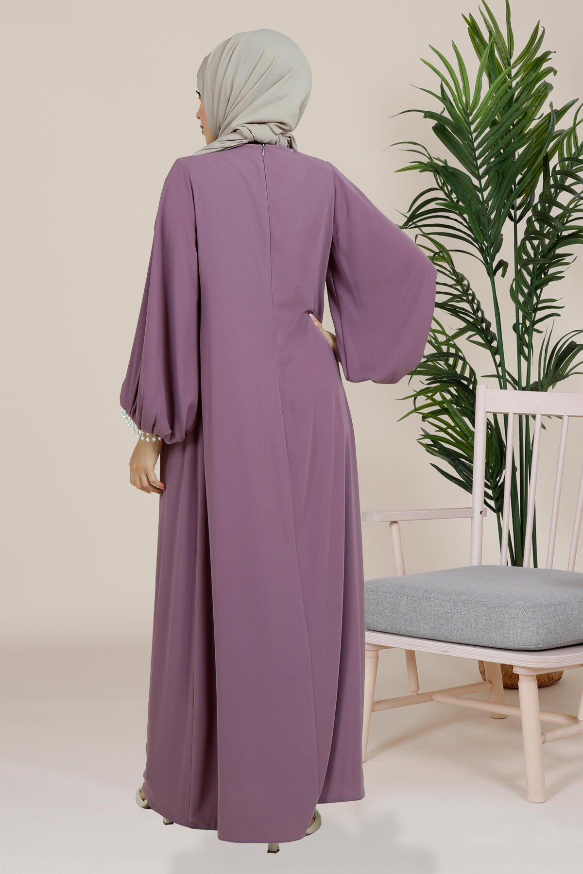 Voluminous Sleeve Pleated Pearl Detail Modest Evening Dress - Lilac - Beyza