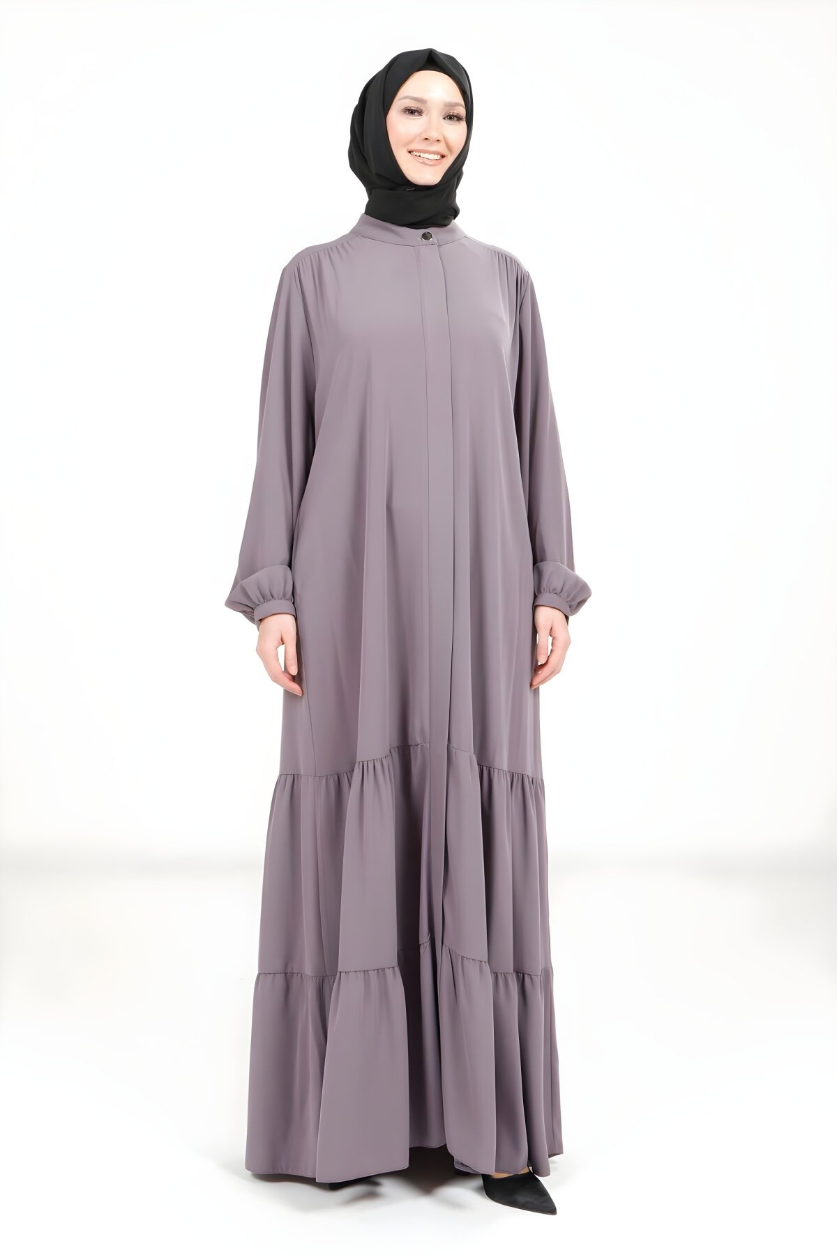 Lila Tarsus İki Katlı Büzgülü Seyyar Kemerli Ferace - Beyza