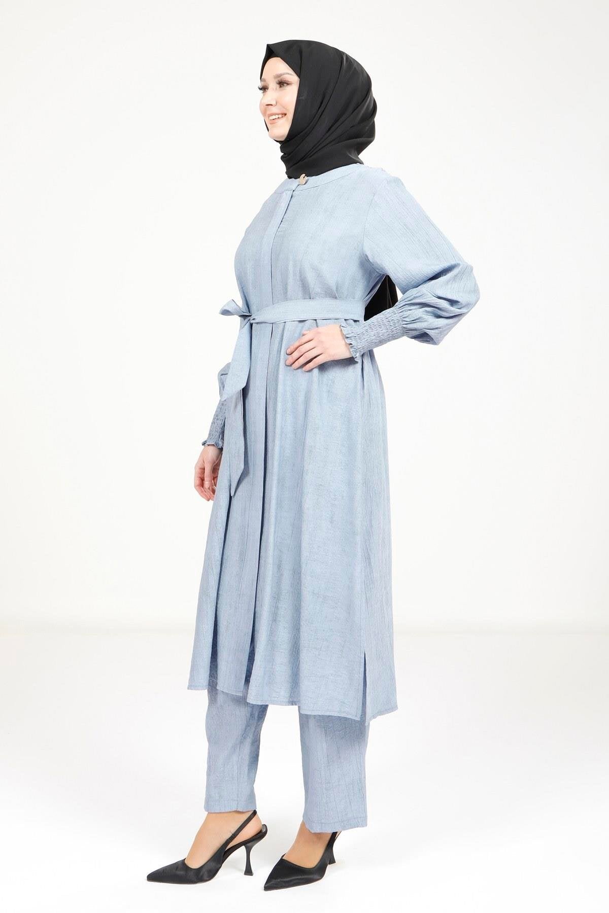 Two-Piece Belted Modest Set - Blue - Beyza