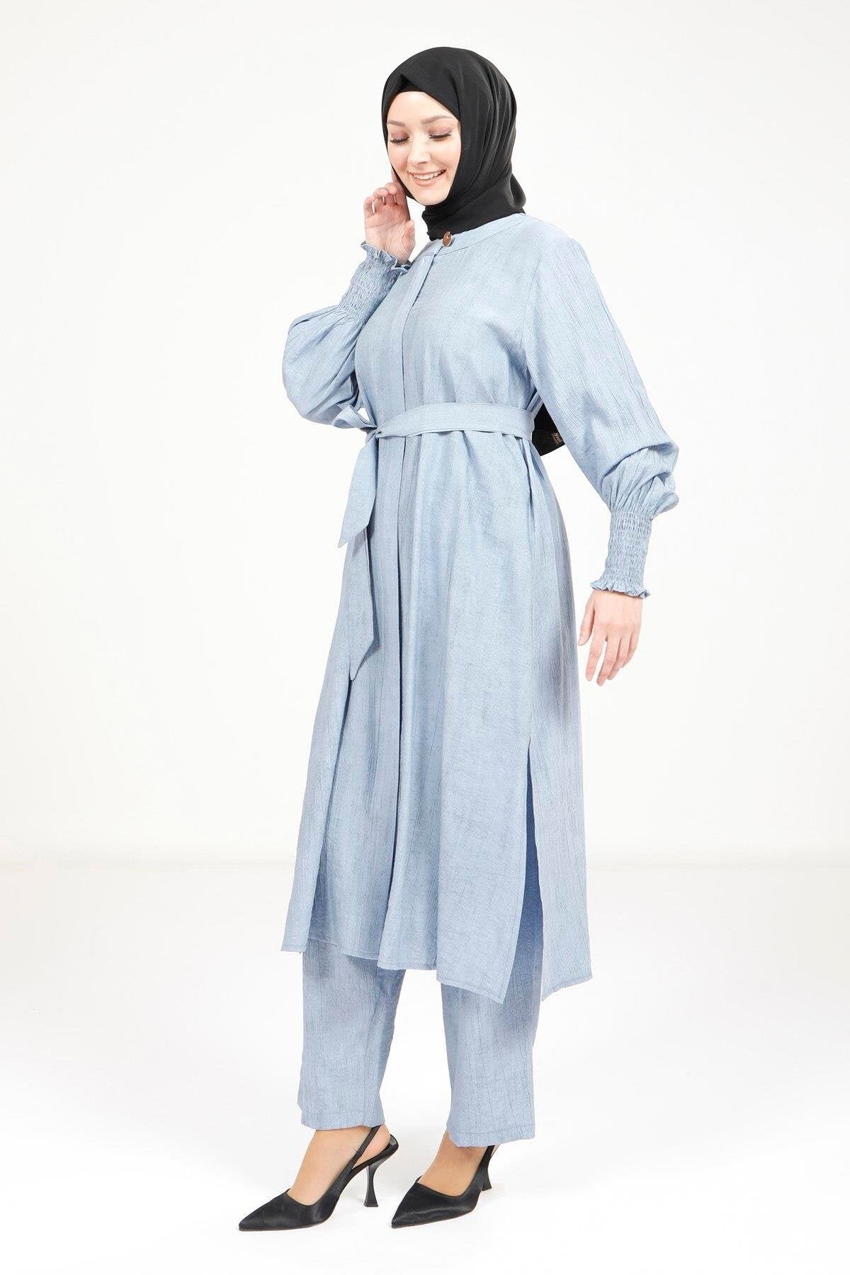 Two-Piece Belted Modest Set - Blue - Beyza