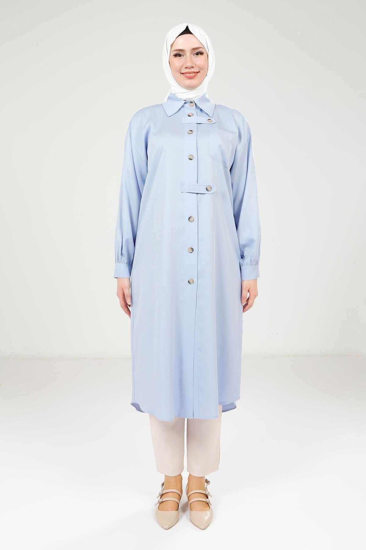 Buttoned Throw-On Long Coat - Blue - Beyza