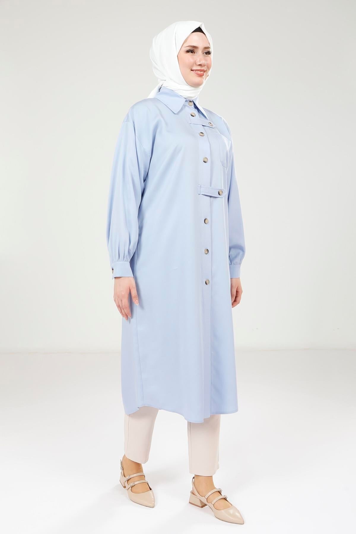Buttoned Throw-On Long Coat - Blue - Beyza