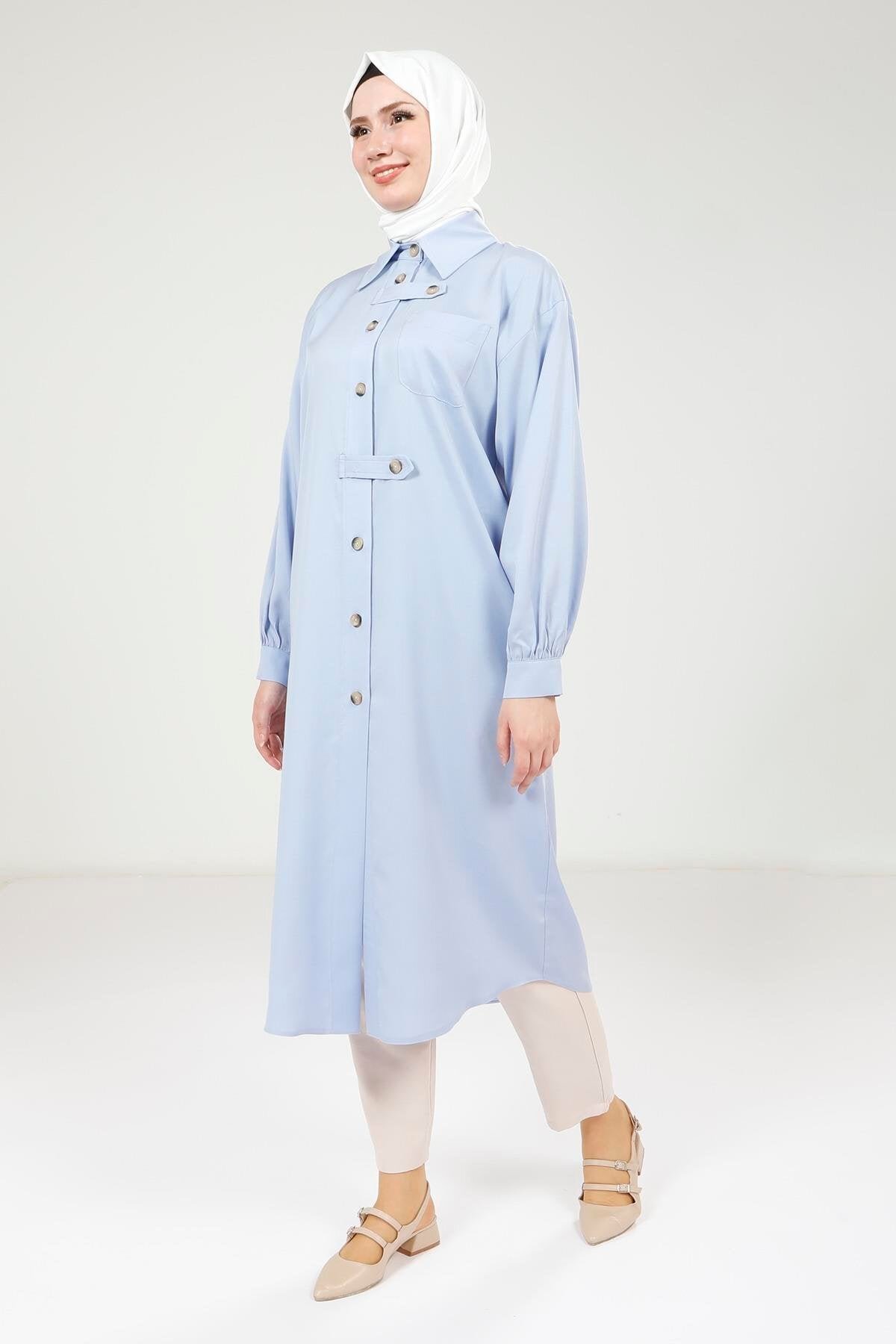 Buttoned Throw-On Long Coat - Blue - Beyza